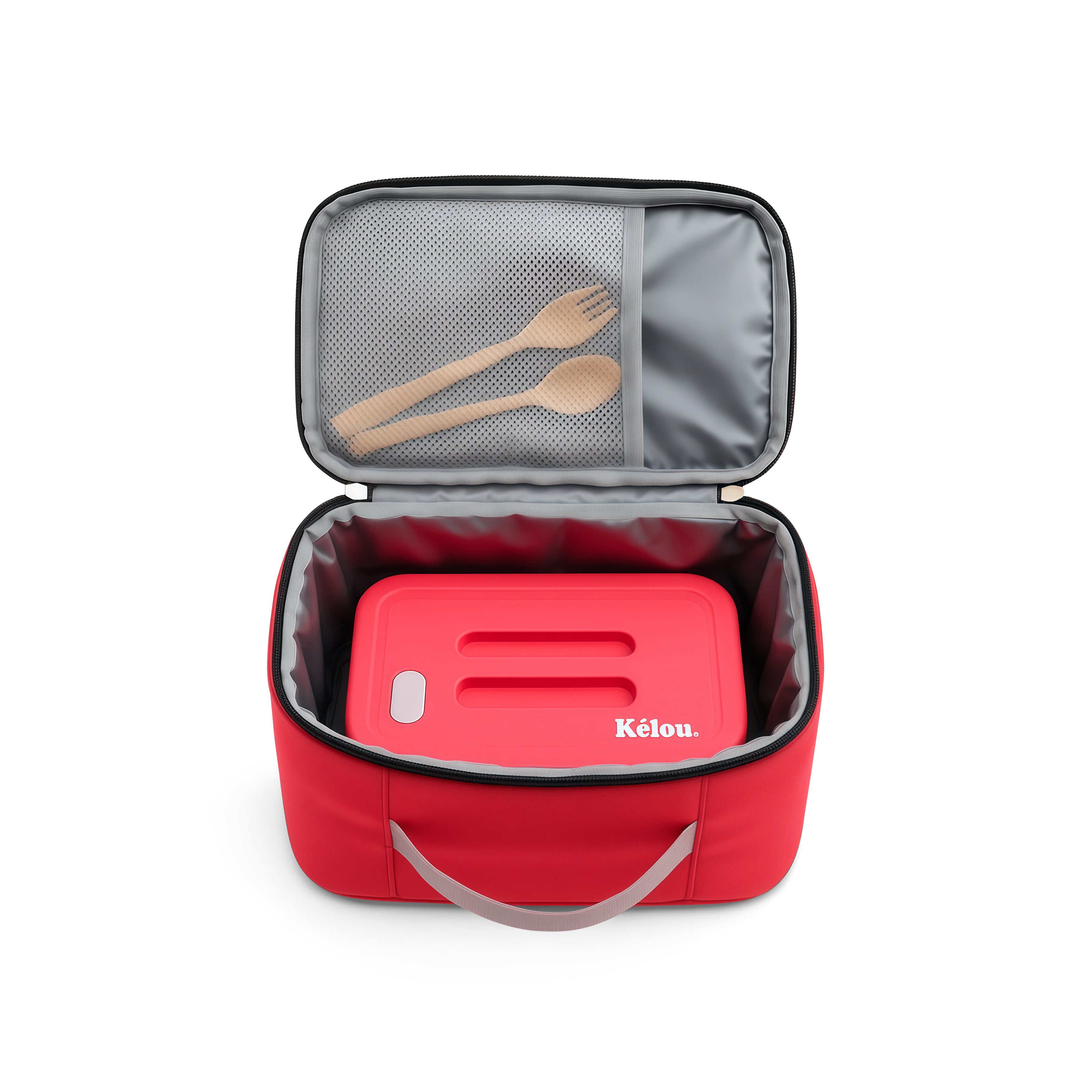 Red lunch bag with a cutting board and wooden utensils on a white background
