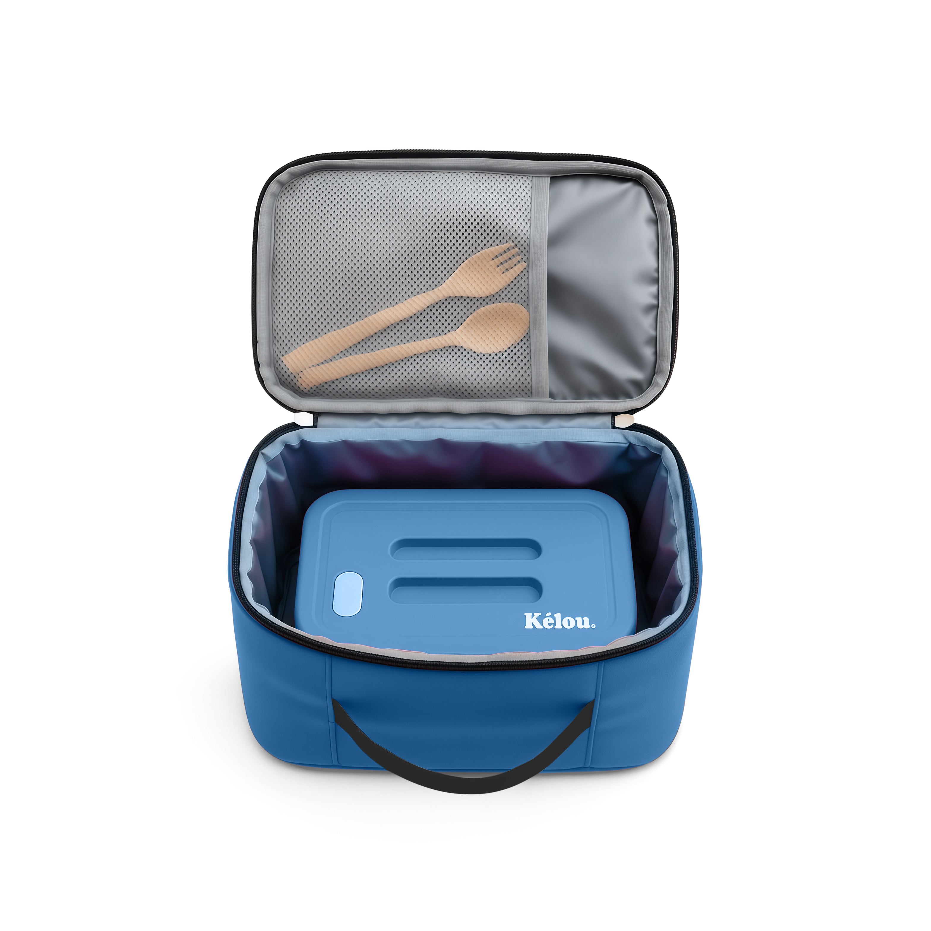 Blue travel case with a mesh pocket containing wooden utensils on a white background