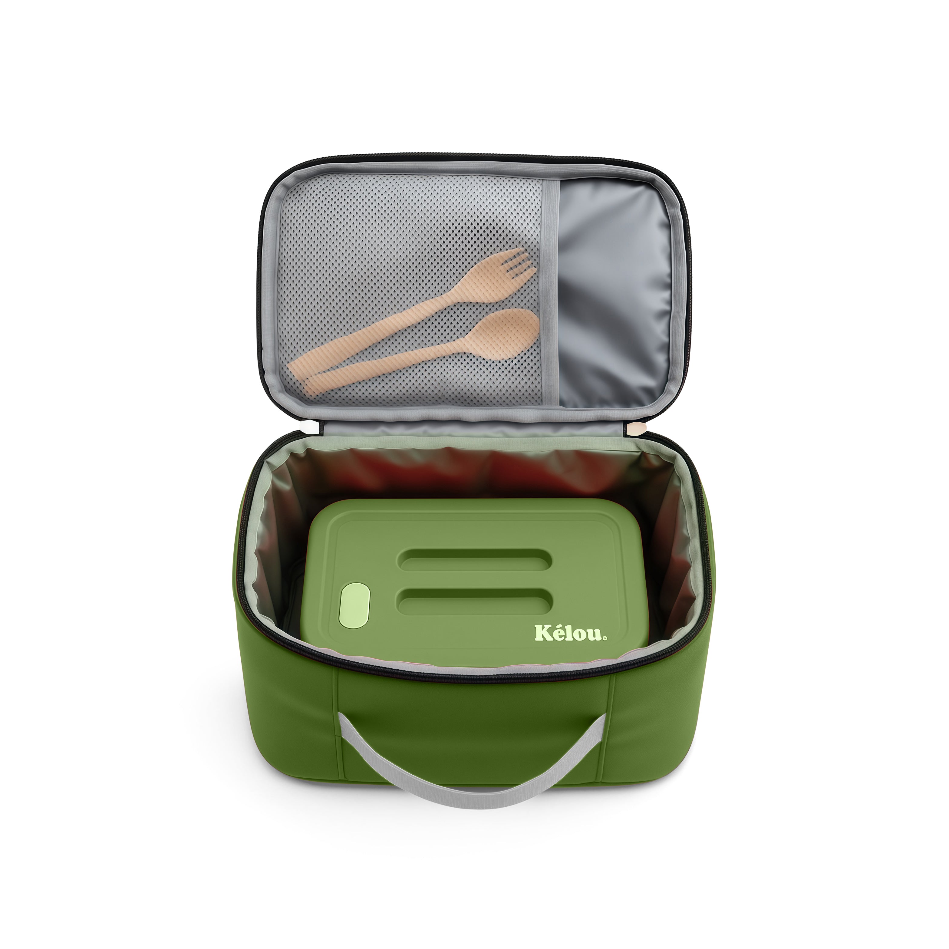 Green lunch box with utensils on a white background