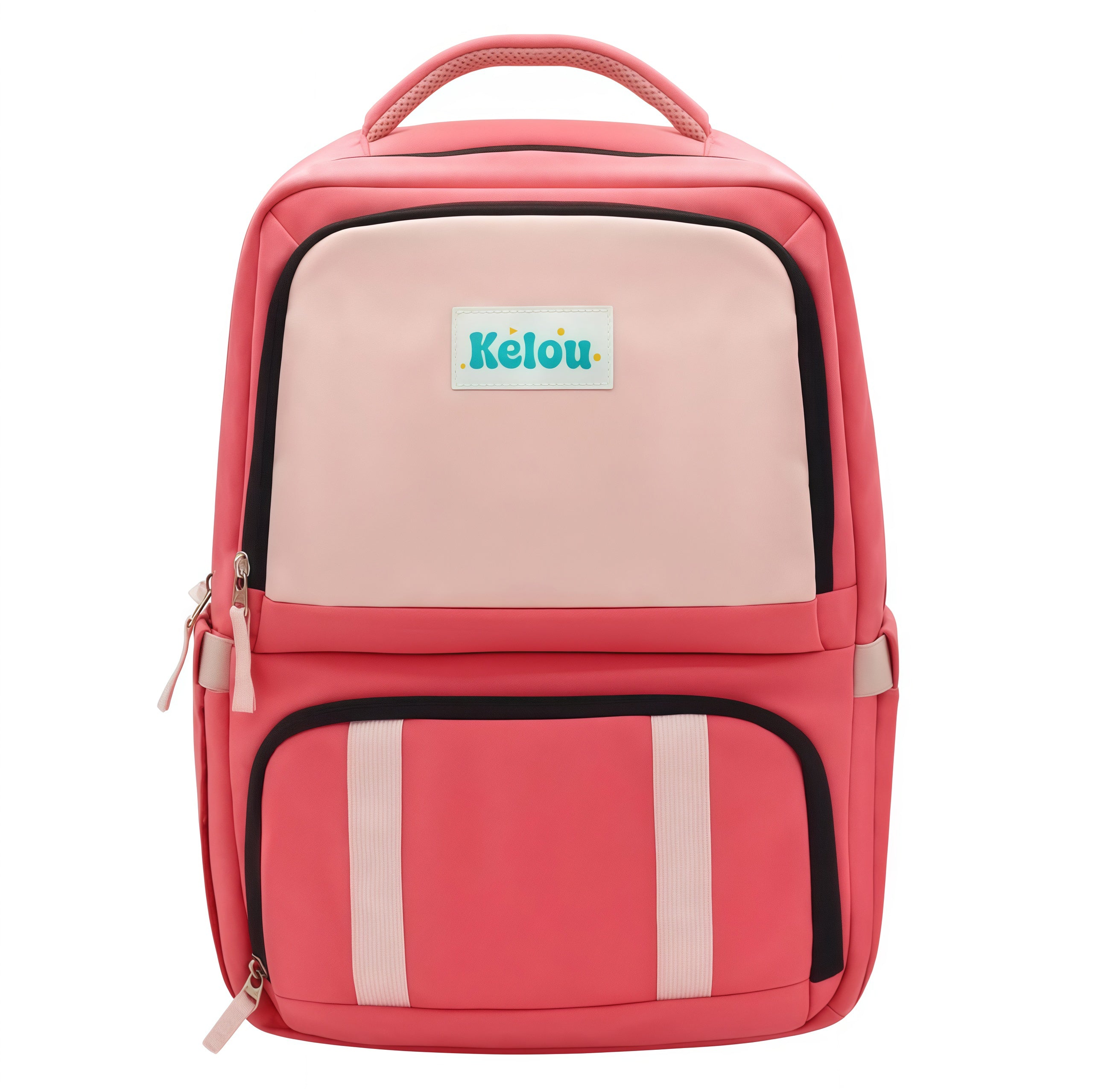 Pink and peach backpack with Kelou logo on a white background
