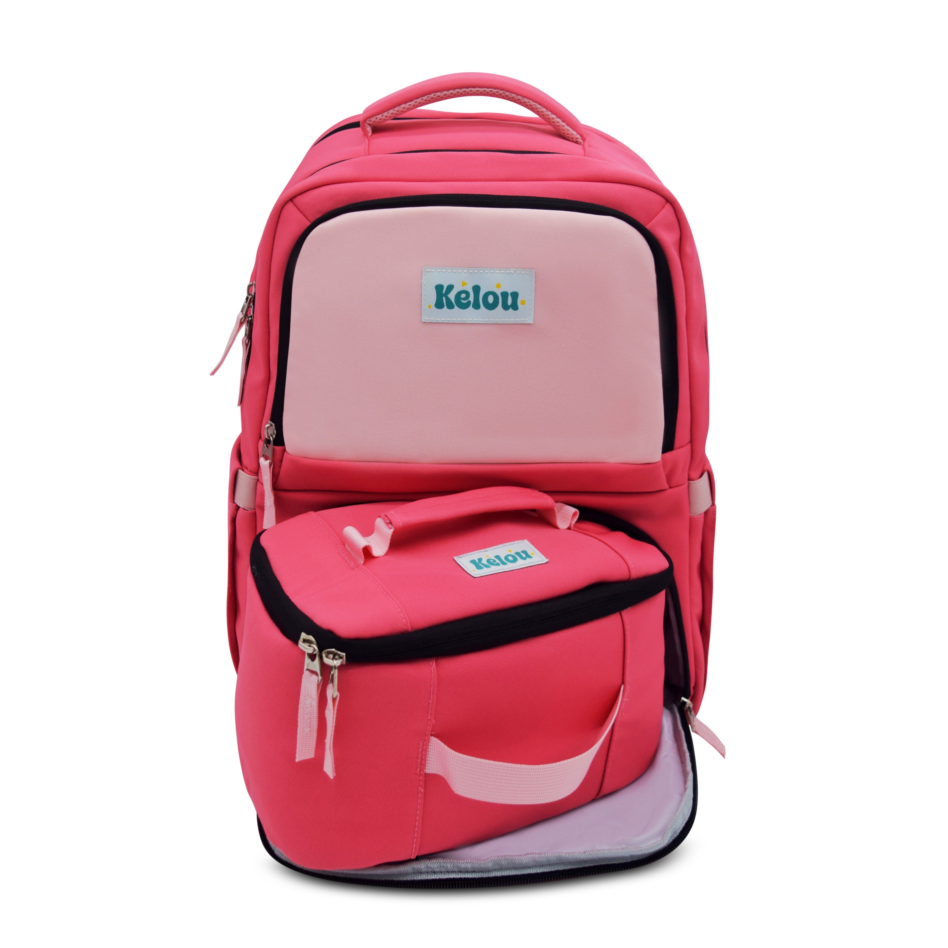 Pink backpack with a visible brand logo on a white background