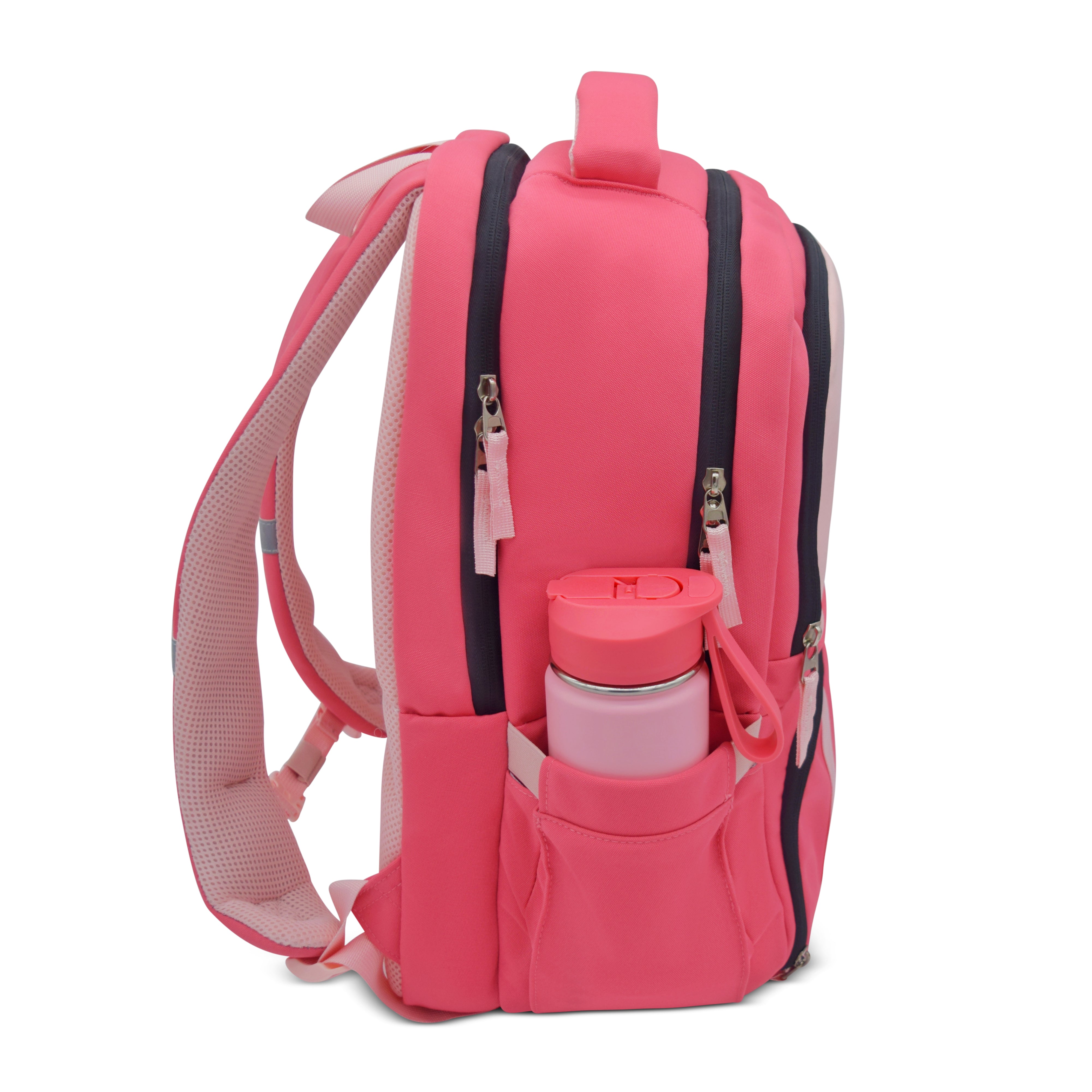 Pink backpack with a water bottle in a pocket on a white background