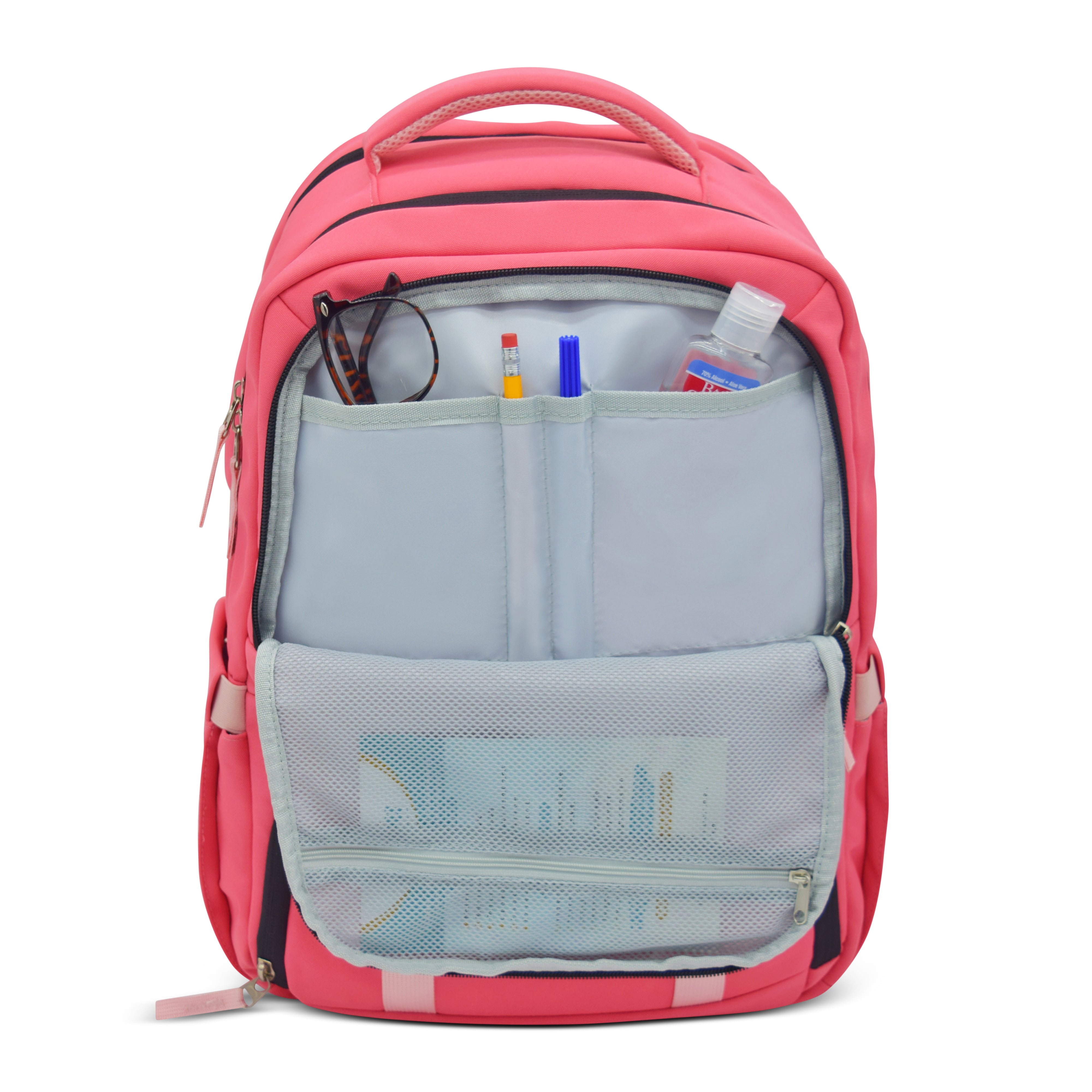 Pink backpack with gray interior and compartments on a white background