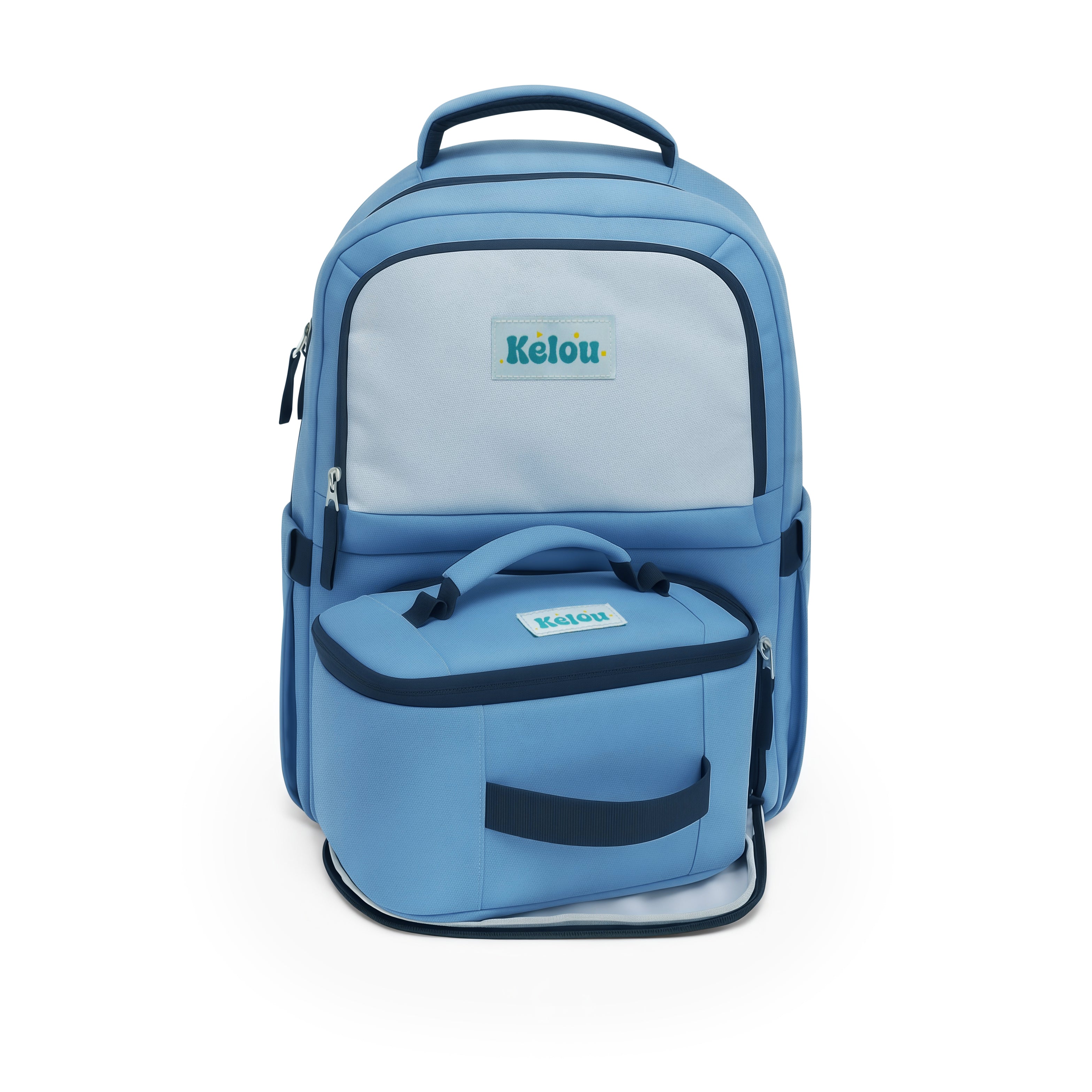 Blue backpack with a smaller bag attached, featuring the brand 'Kelou', on a white background.