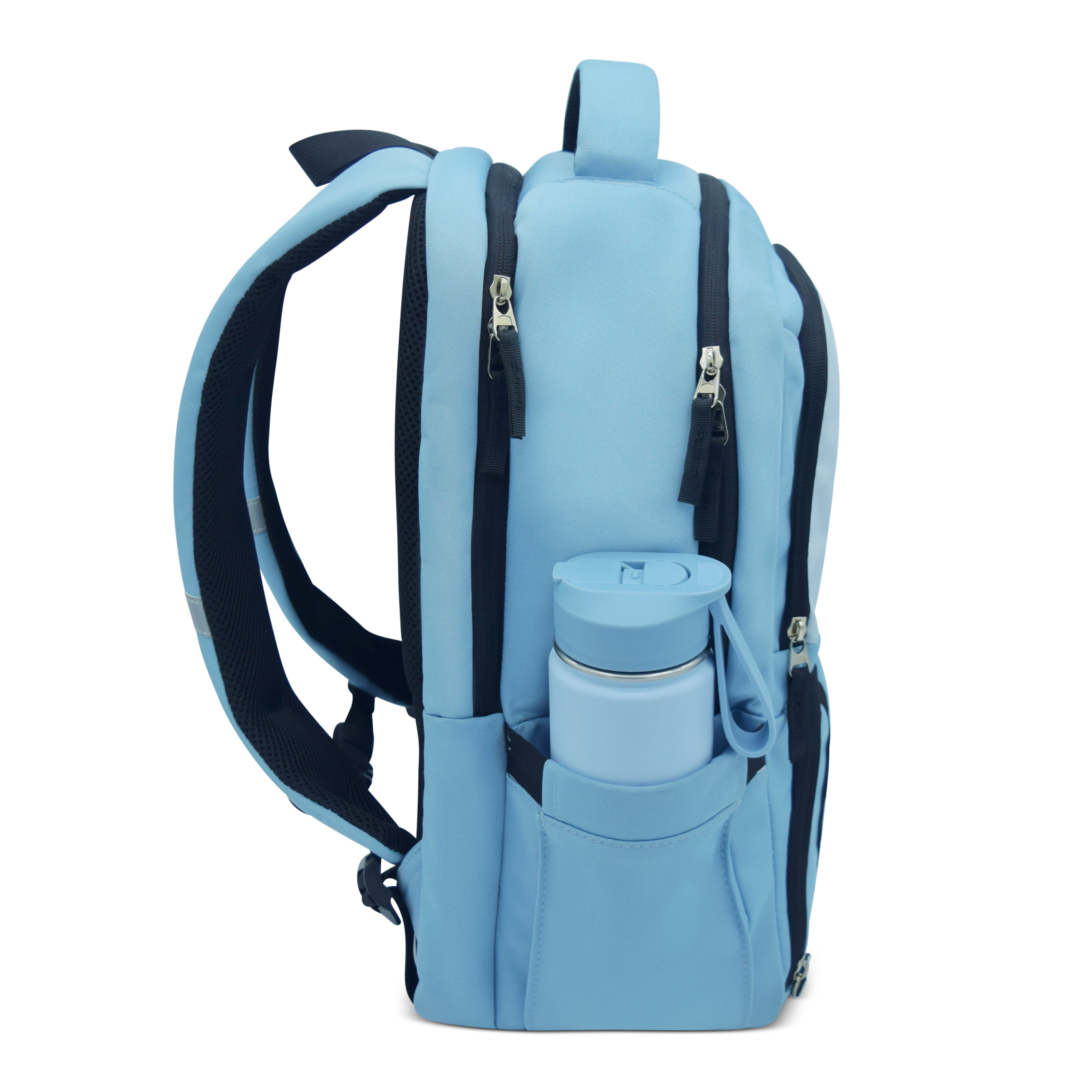 Light blue backpack with a water bottle in a pocket on a white background