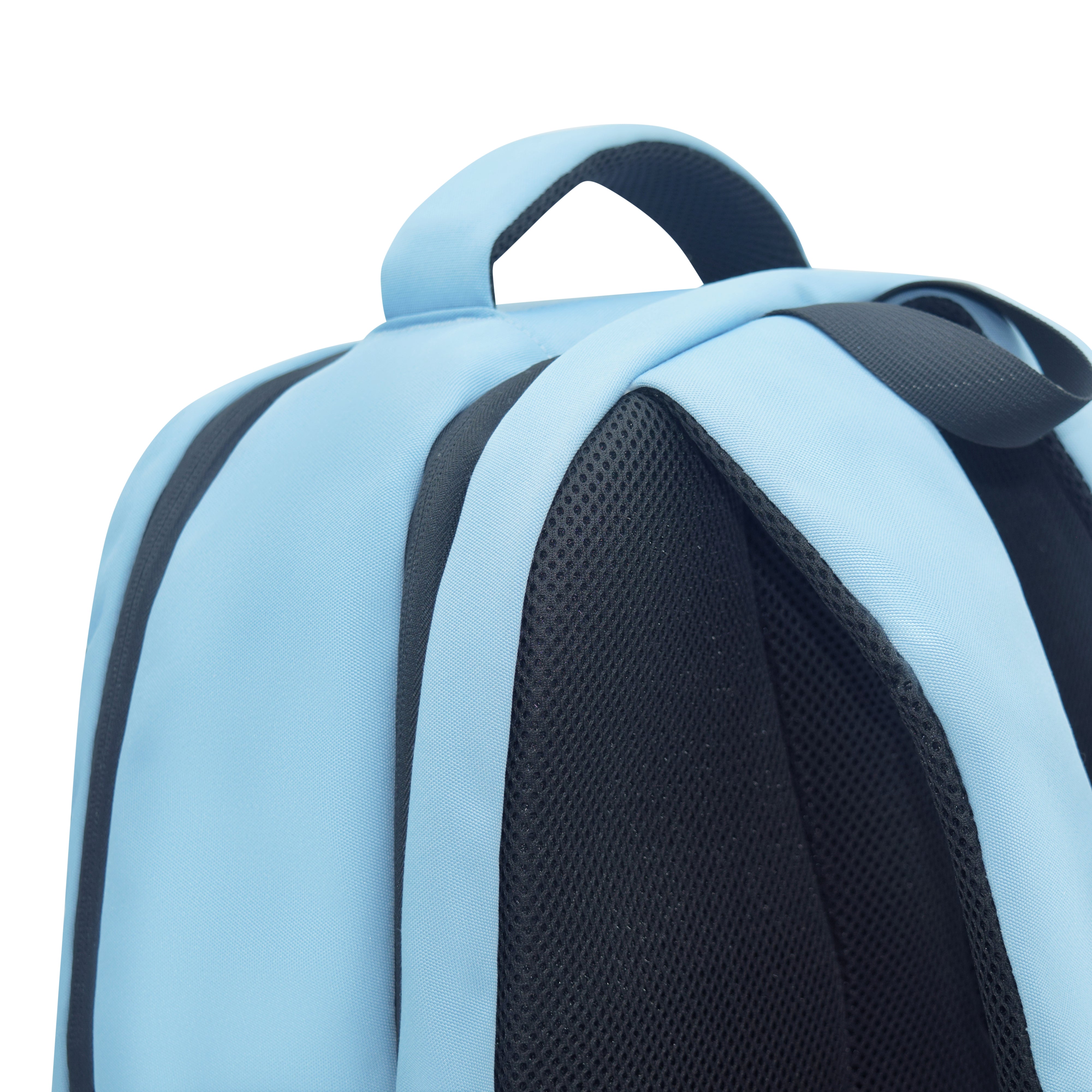 Light blue backpack with black straps on a white background