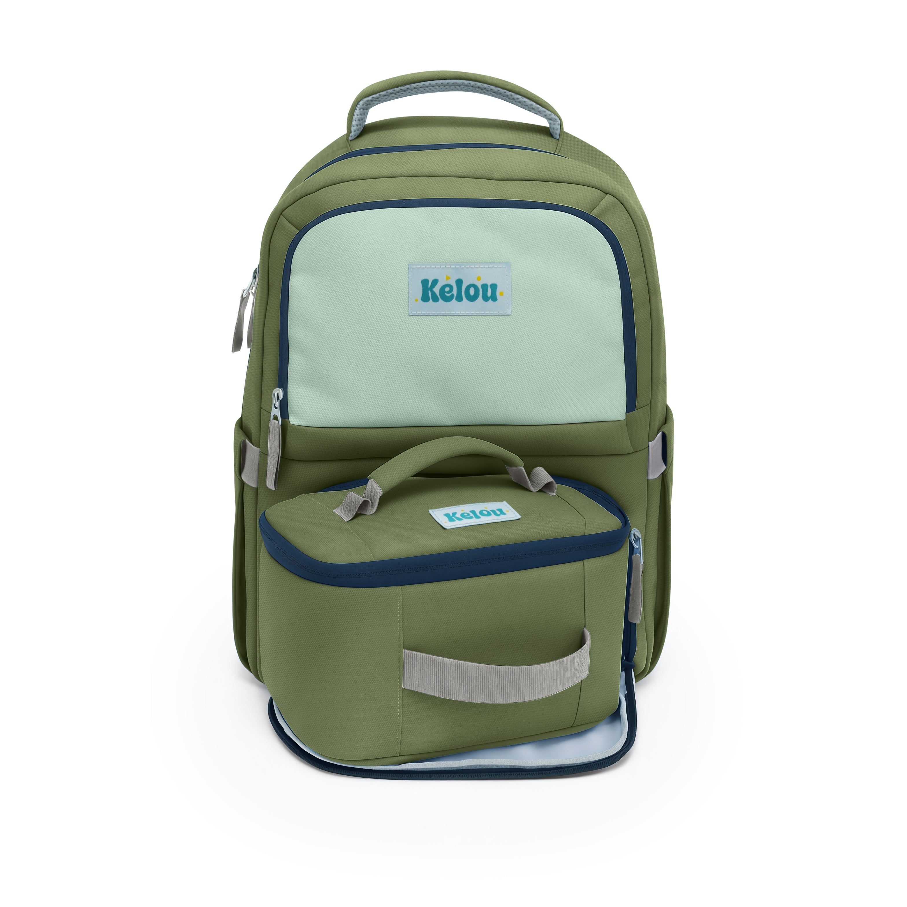 Green backpack with a front pocket on a white background