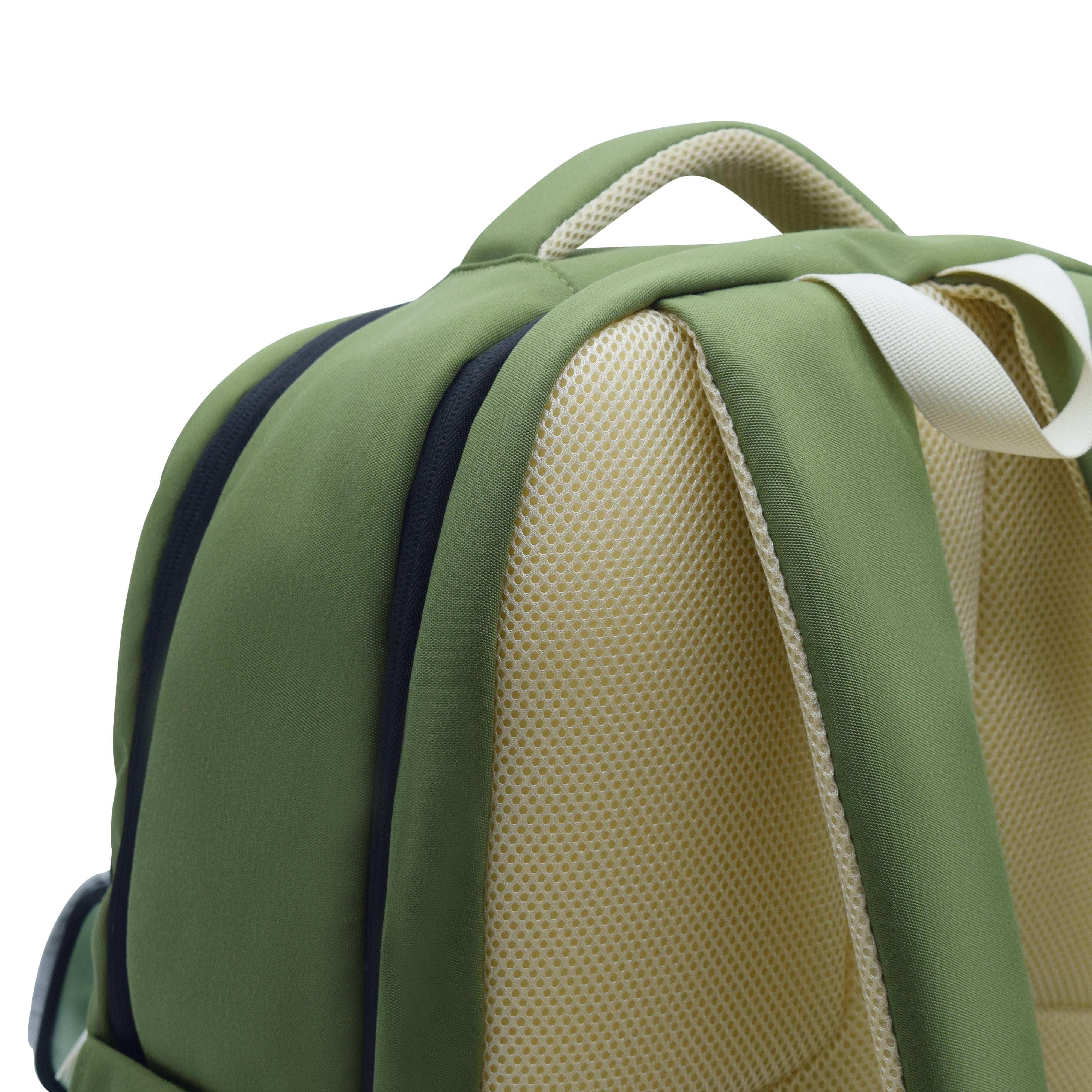 Green backpack with beige mesh padding on a white background