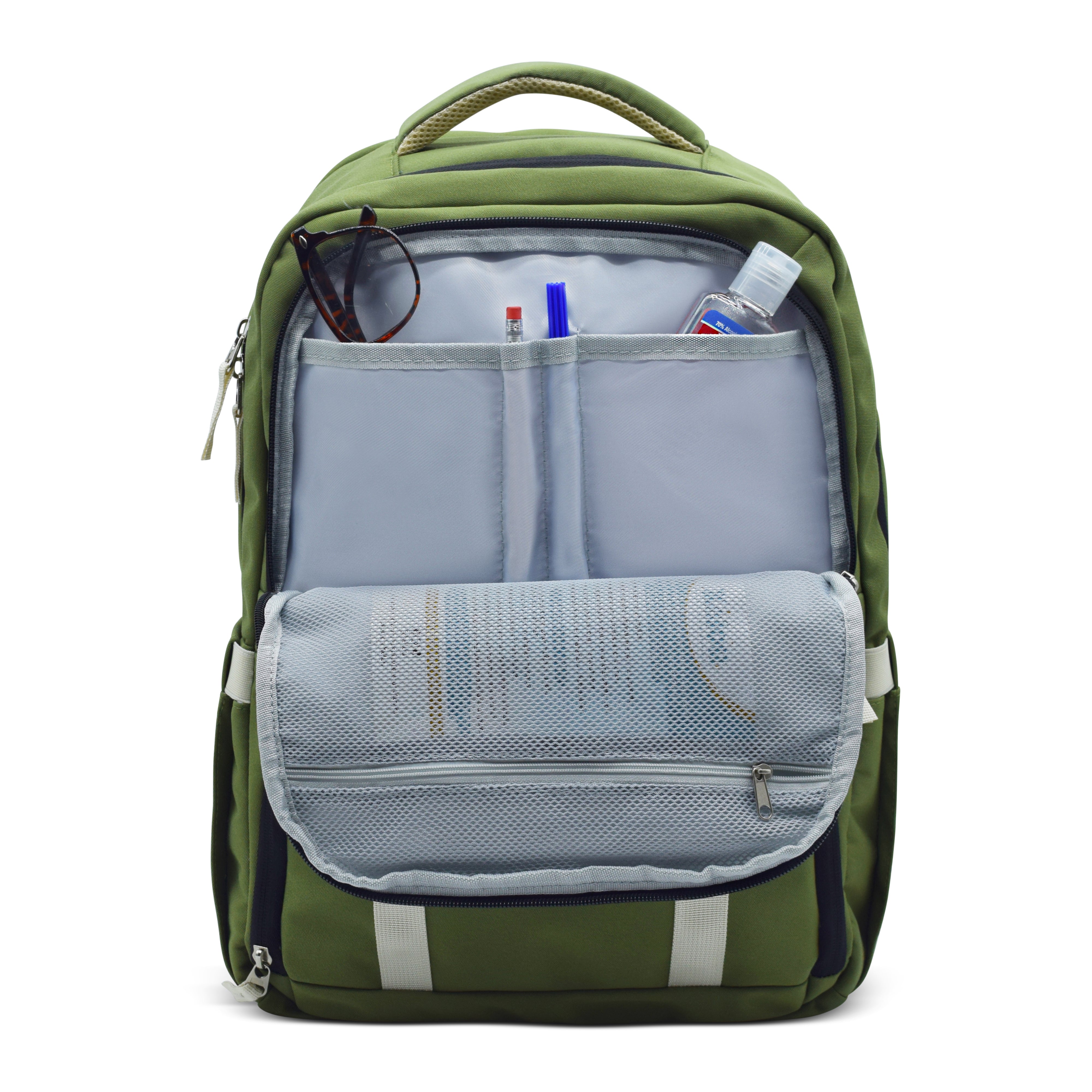 Green backpack with various compartments and items on a white background