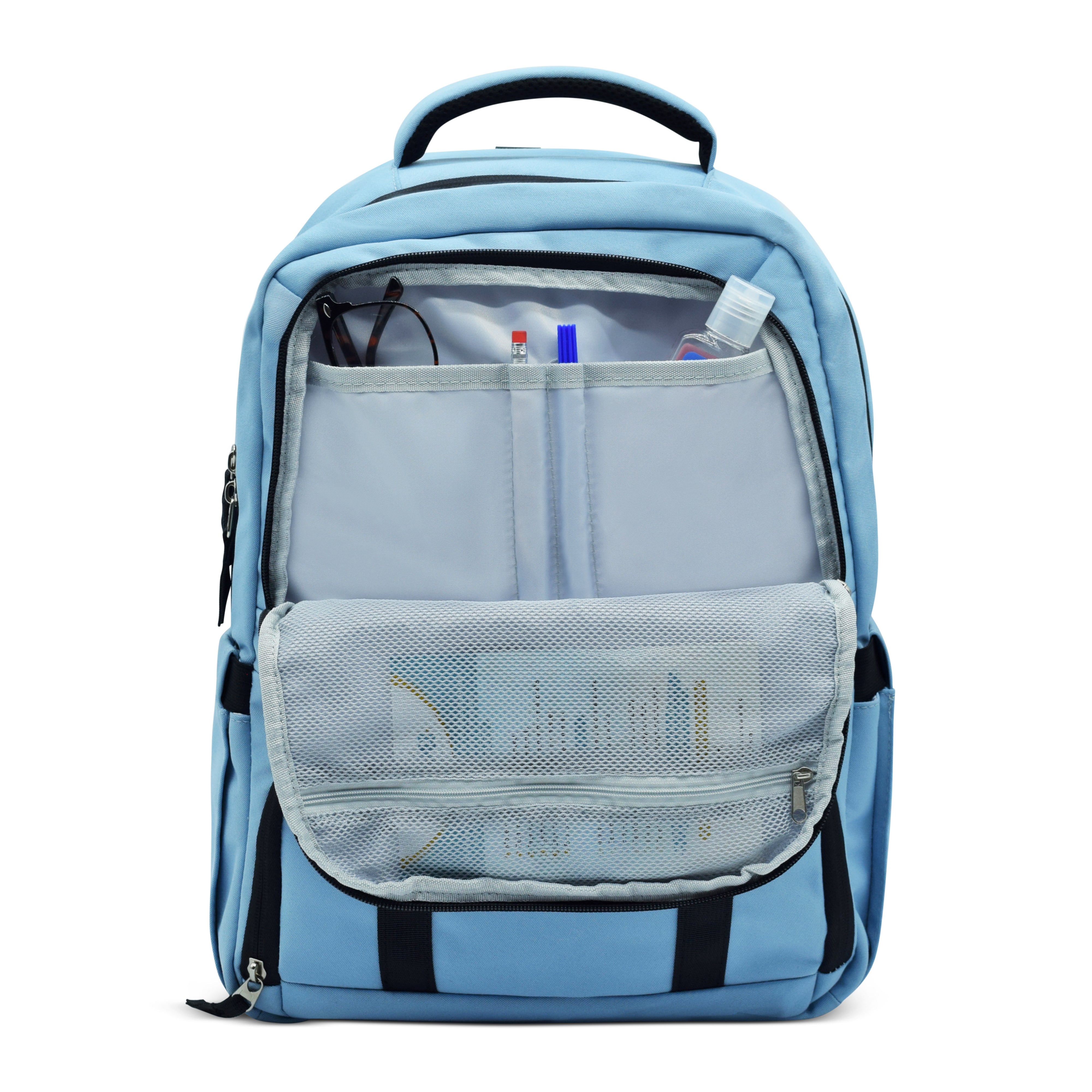 Light blue backpack with front pocket on a white background