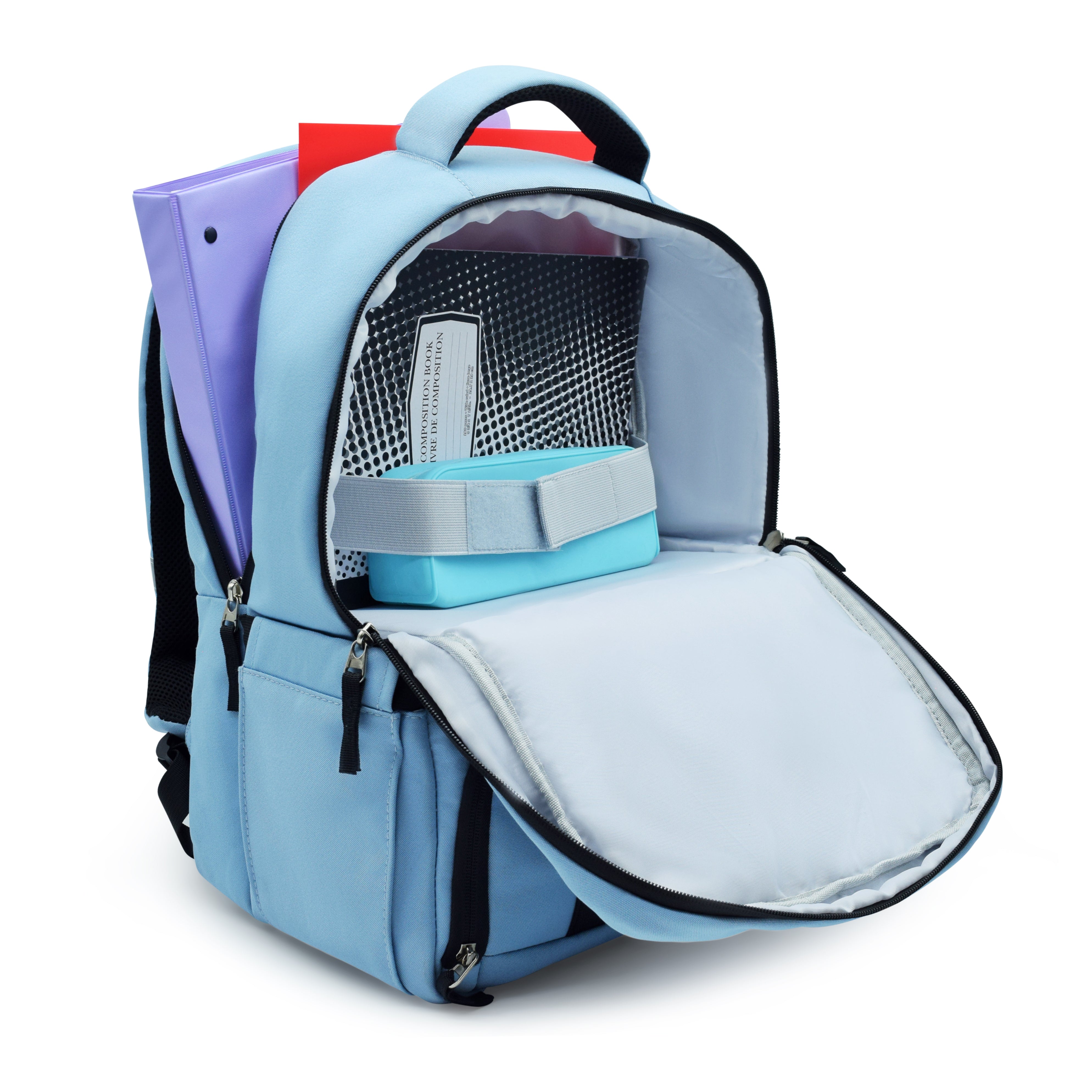 Light blue backpack with compartments on a white background