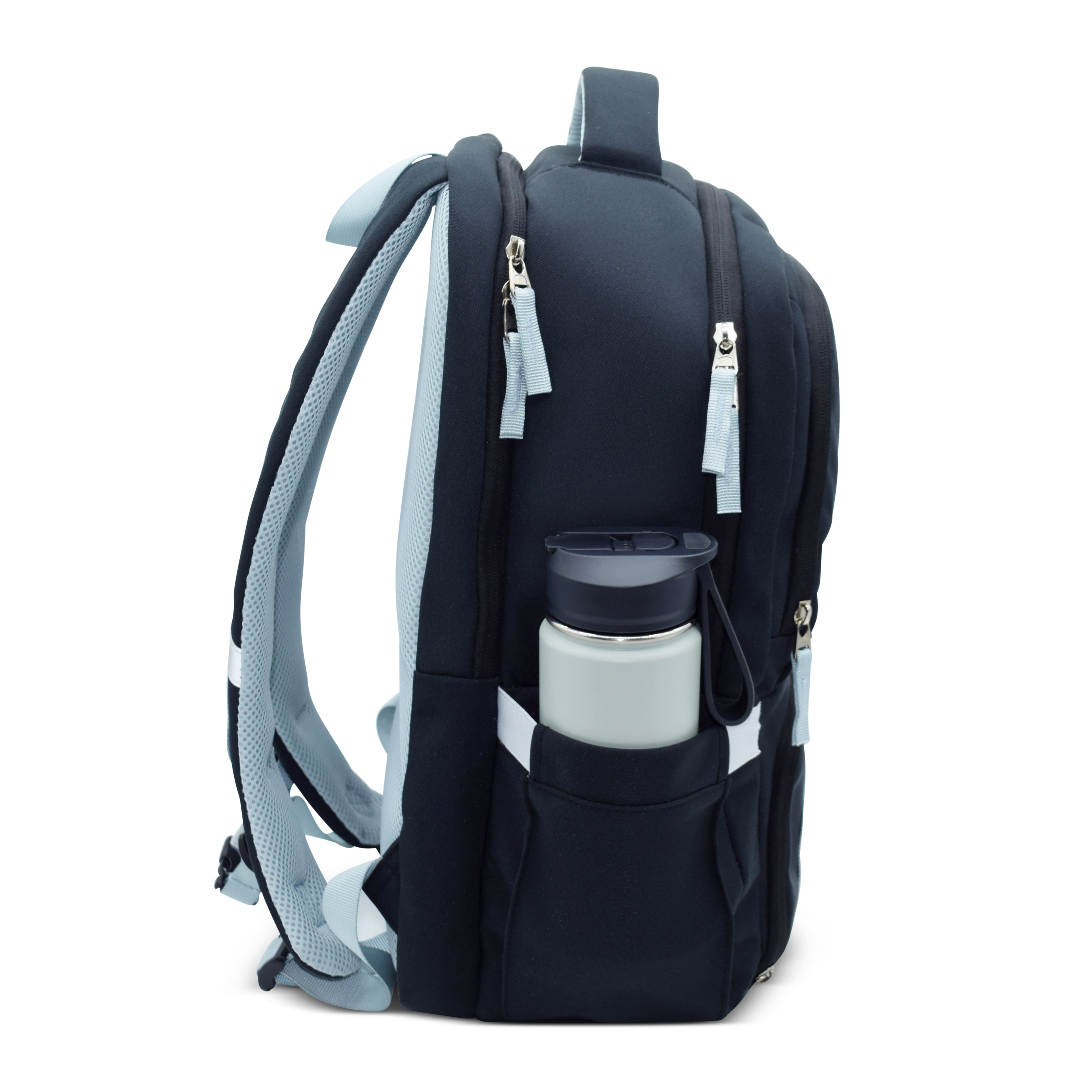 Black backpack with a water bottle holder on a white background
