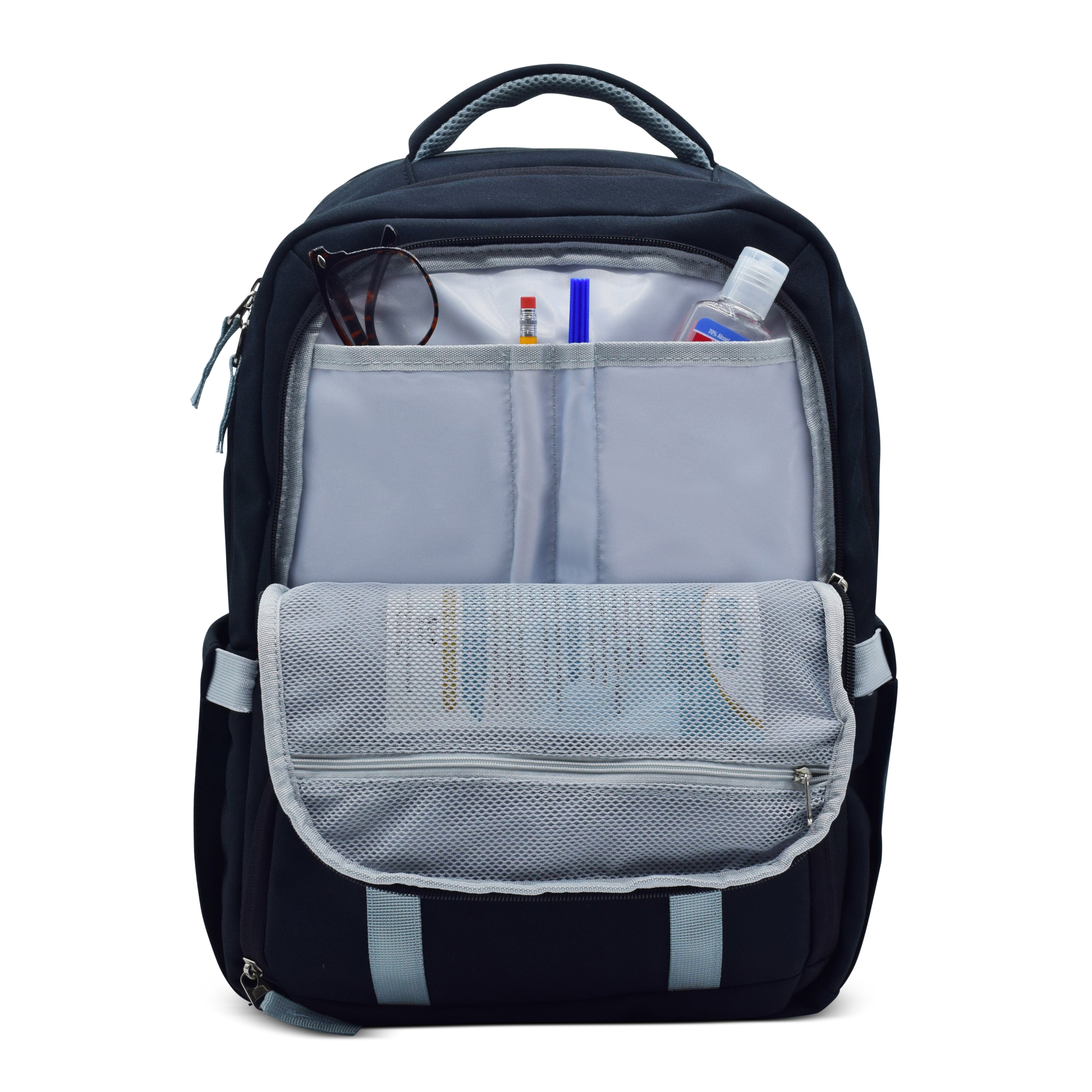 Black backpack with gray interior and front pocket on a white background