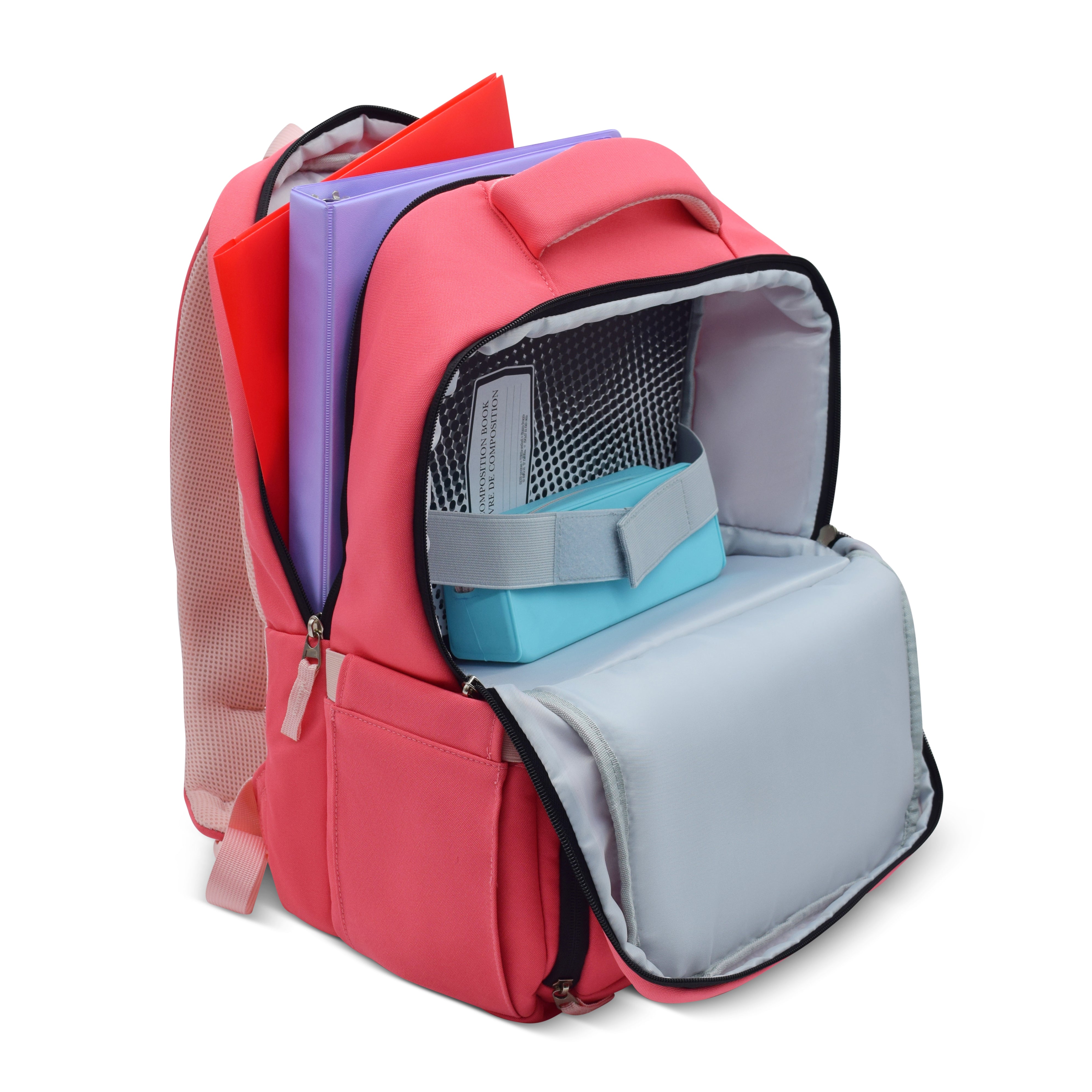 Colorful backpack with multiple compartments on a white background