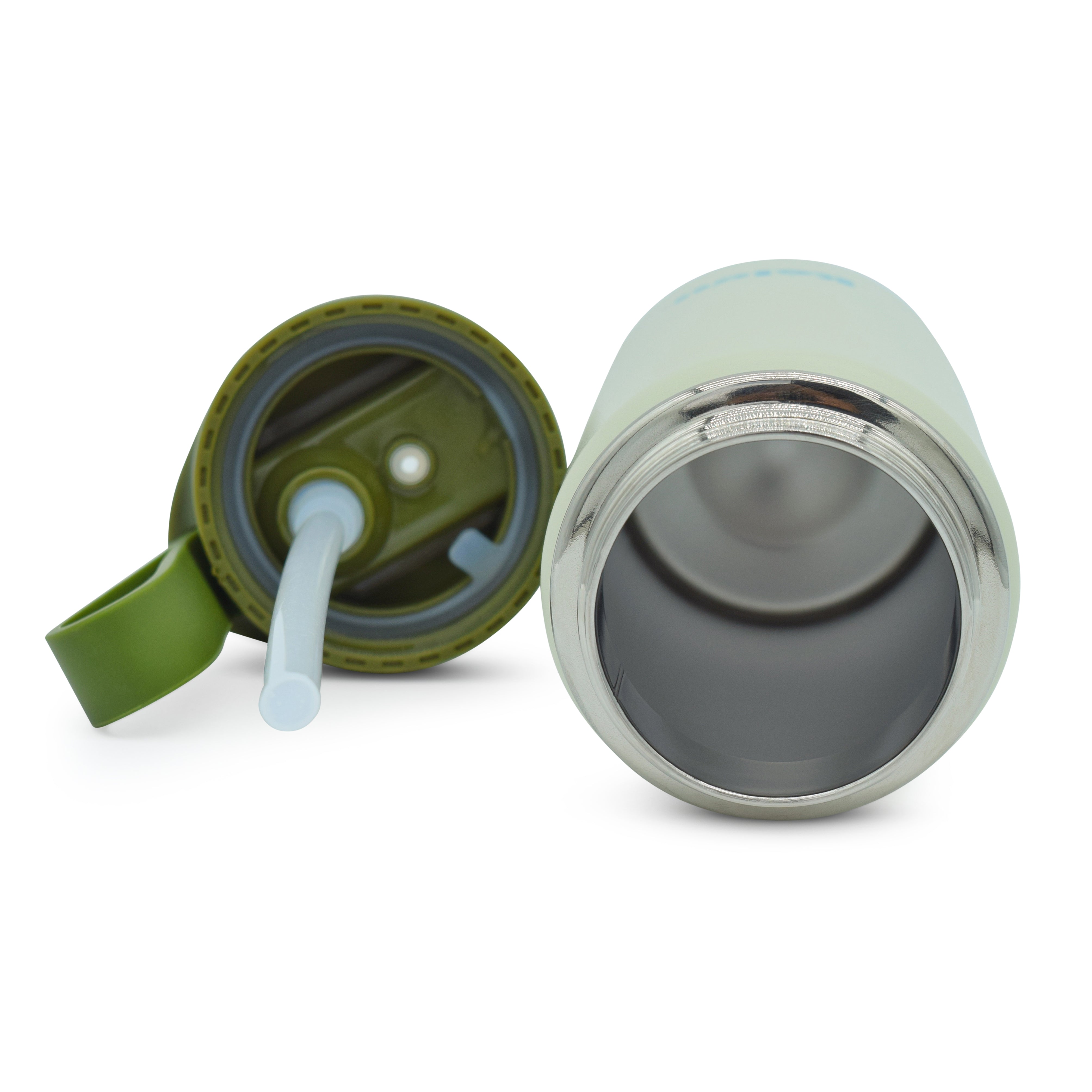 Green and silver insulated mug with straw on a white background