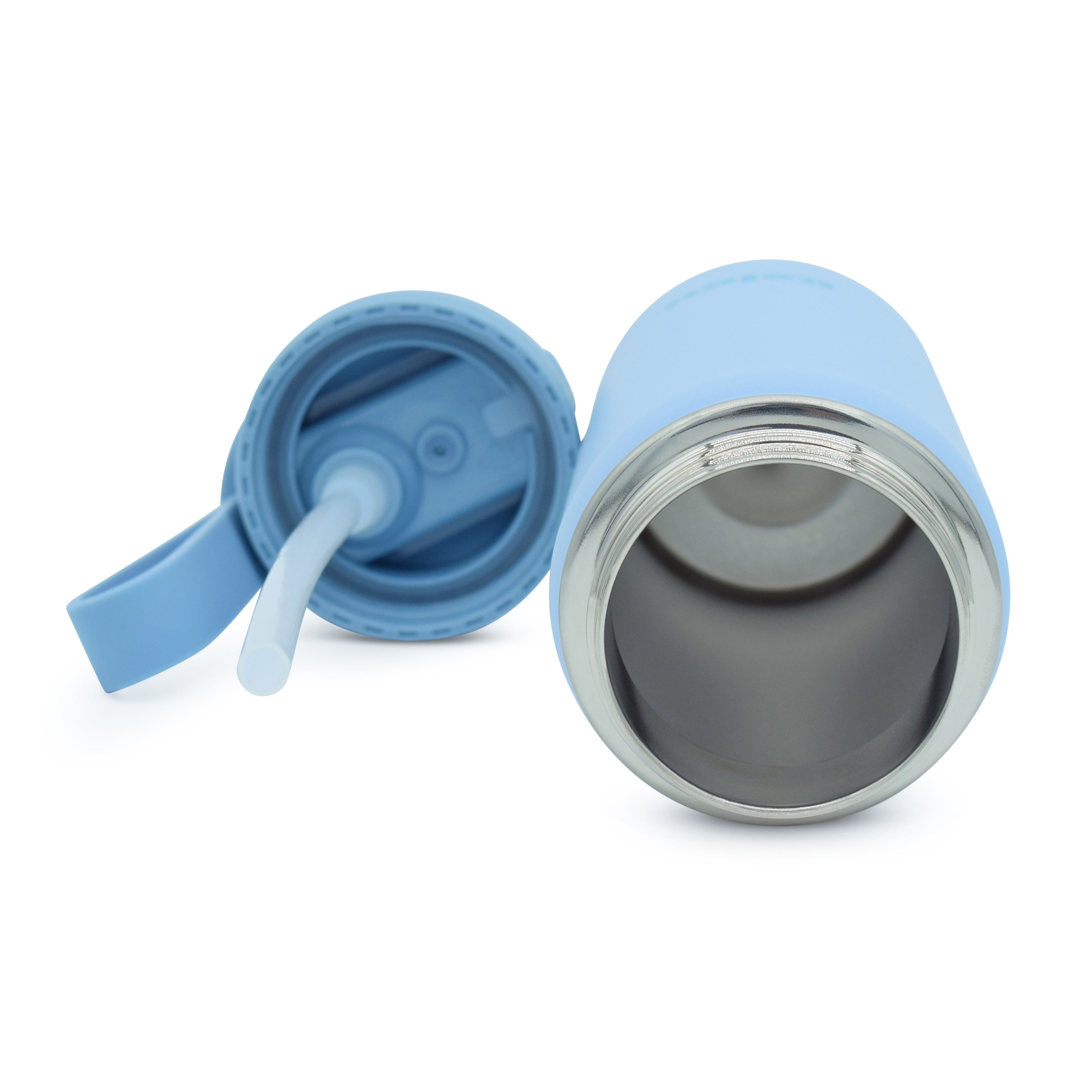 Blue children's cup with straw lid on a white background