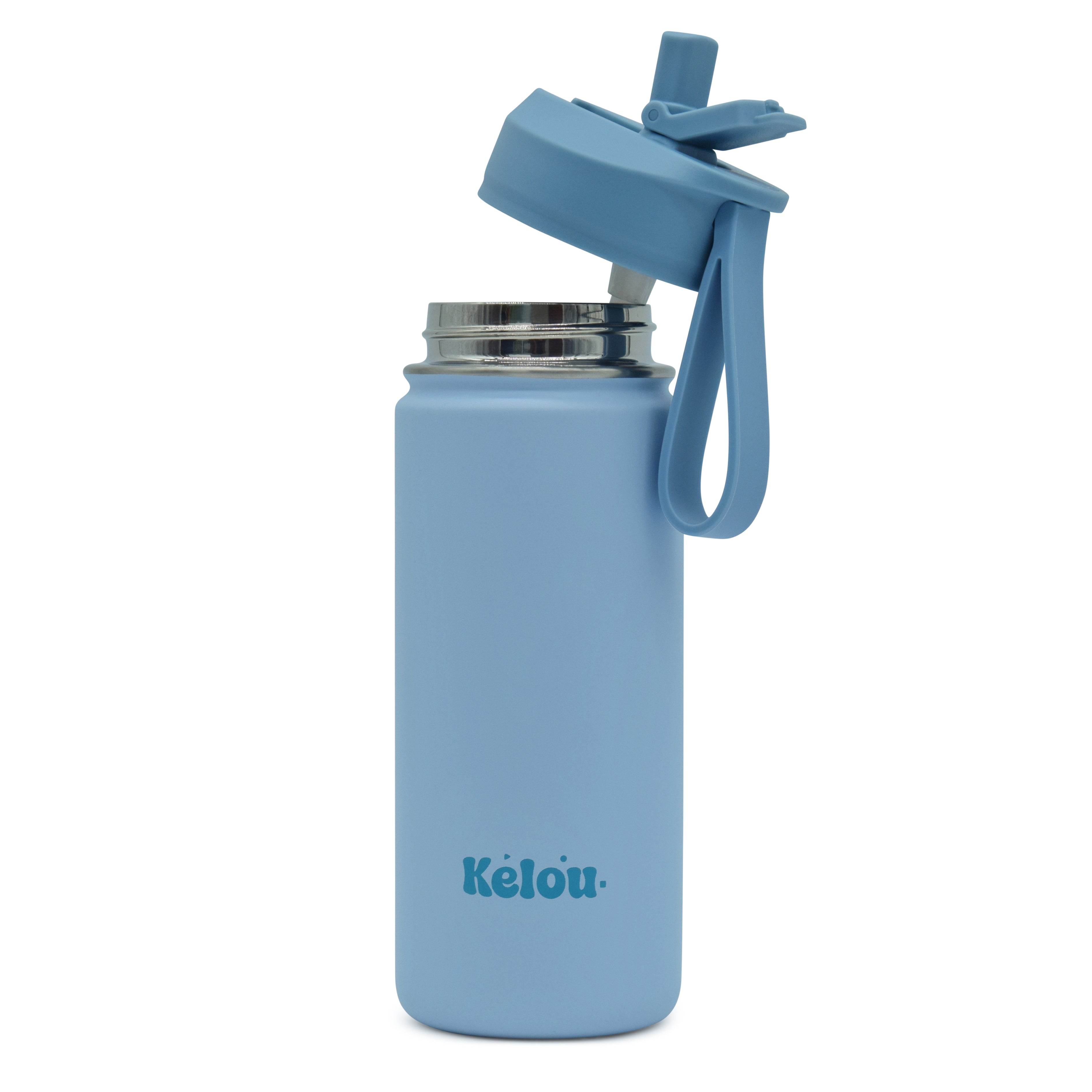 Blue water bottle with a strap on a white background