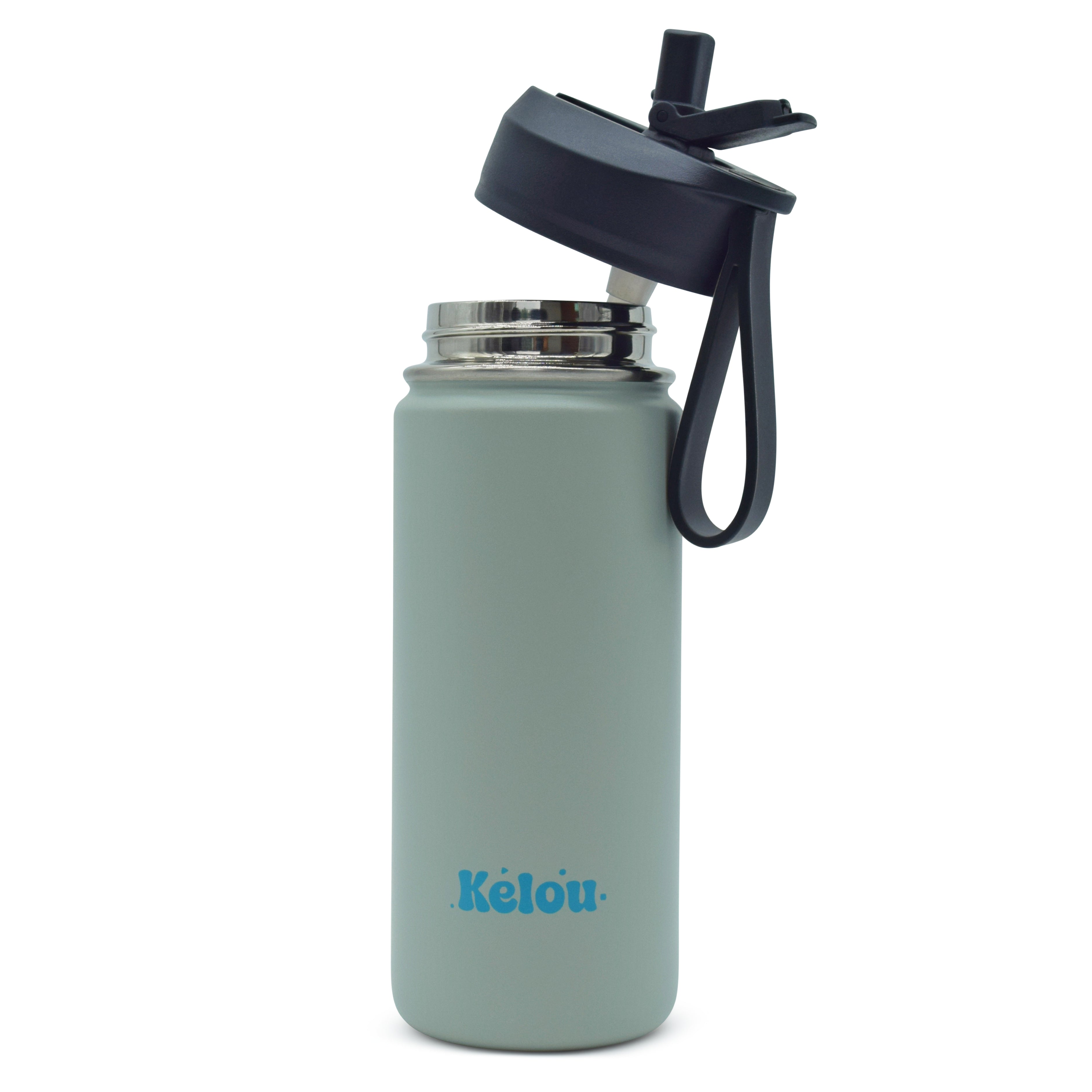 Green water bottle with black lid and handle on a white background