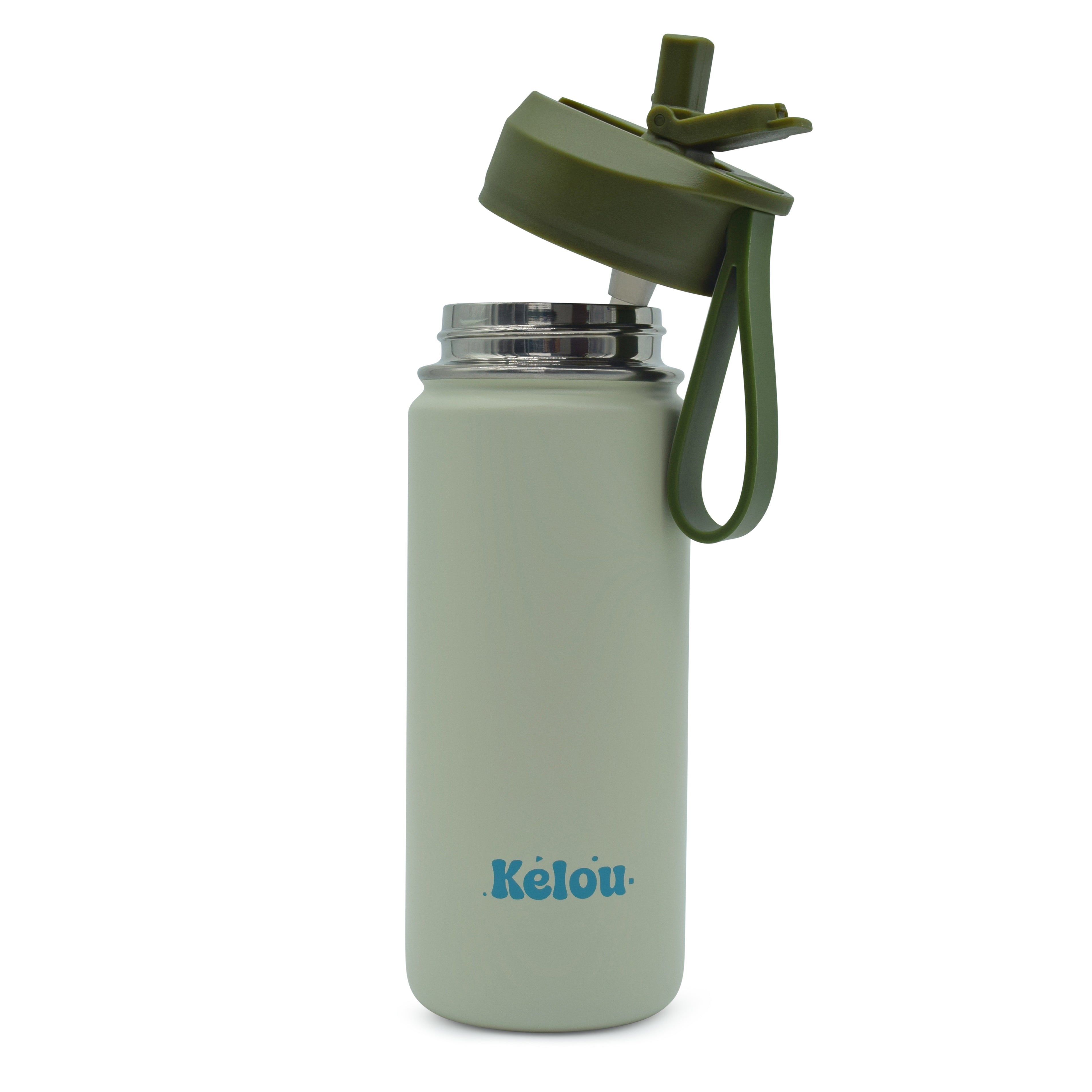 Green water bottle with a green lid on a white background