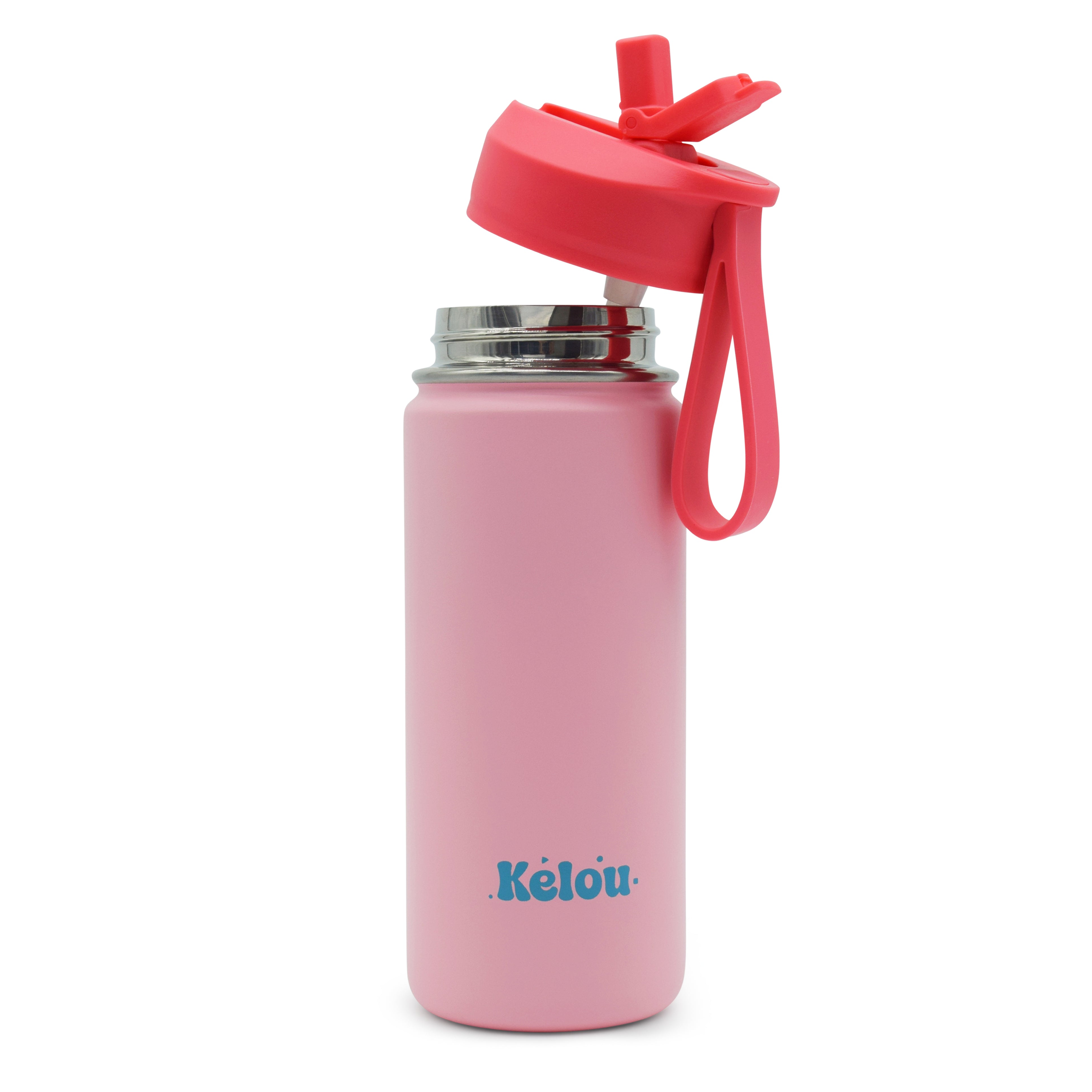 Pink water bottle with a red lid and 'Kelou' branding on a white background