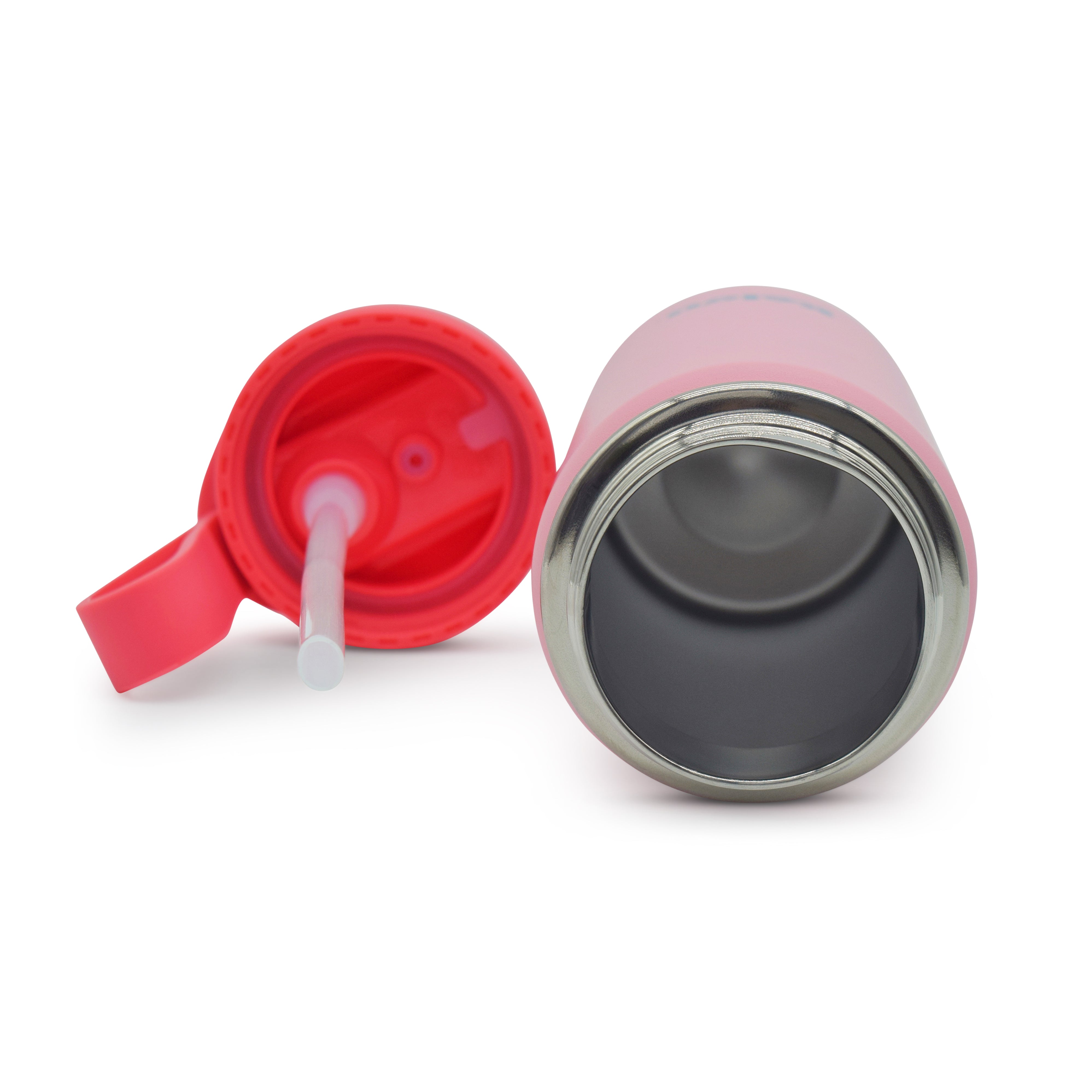 Pink insulated tumbler with a red lid and straw on a white background