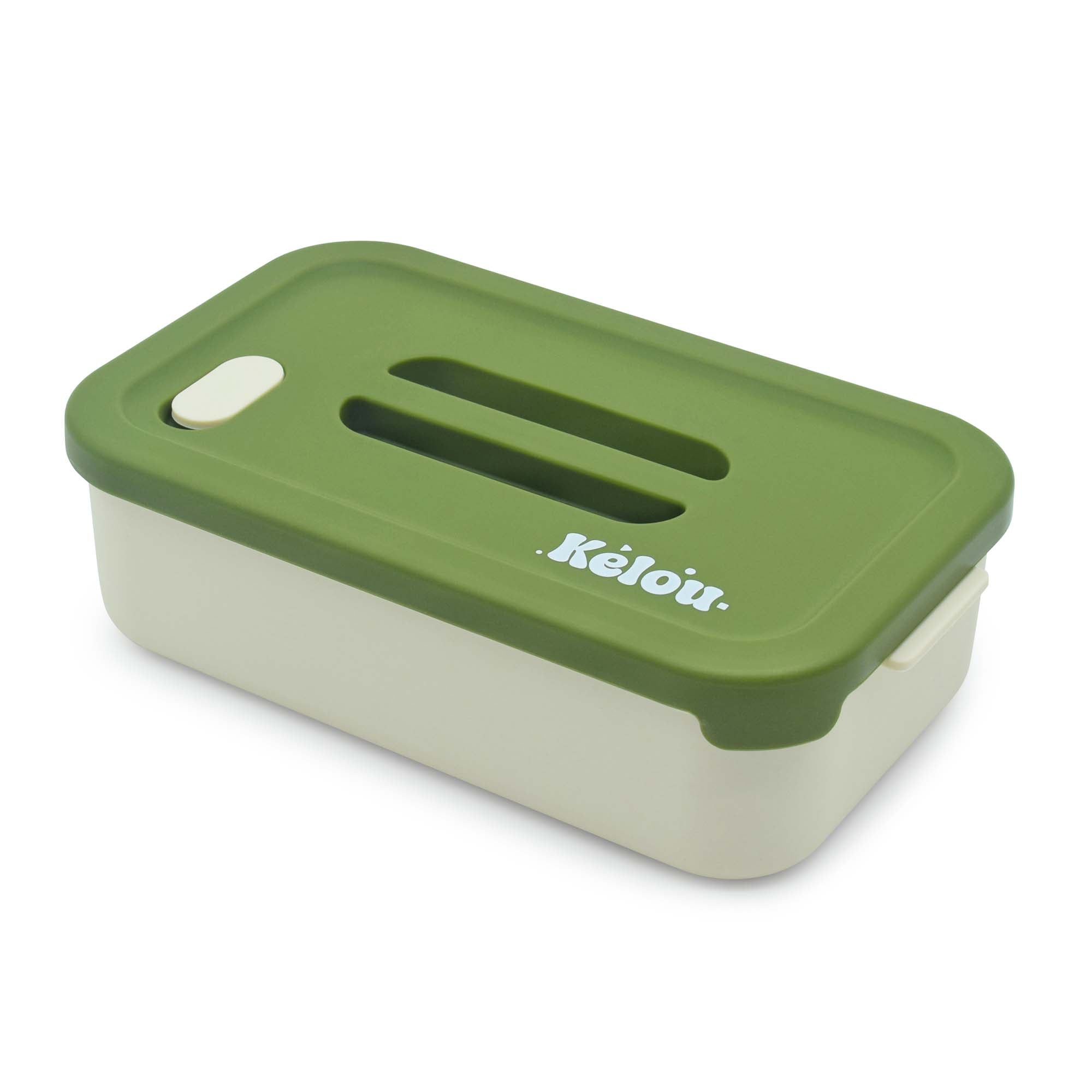 Green and beige food container with 'Kelou' branding on a white background