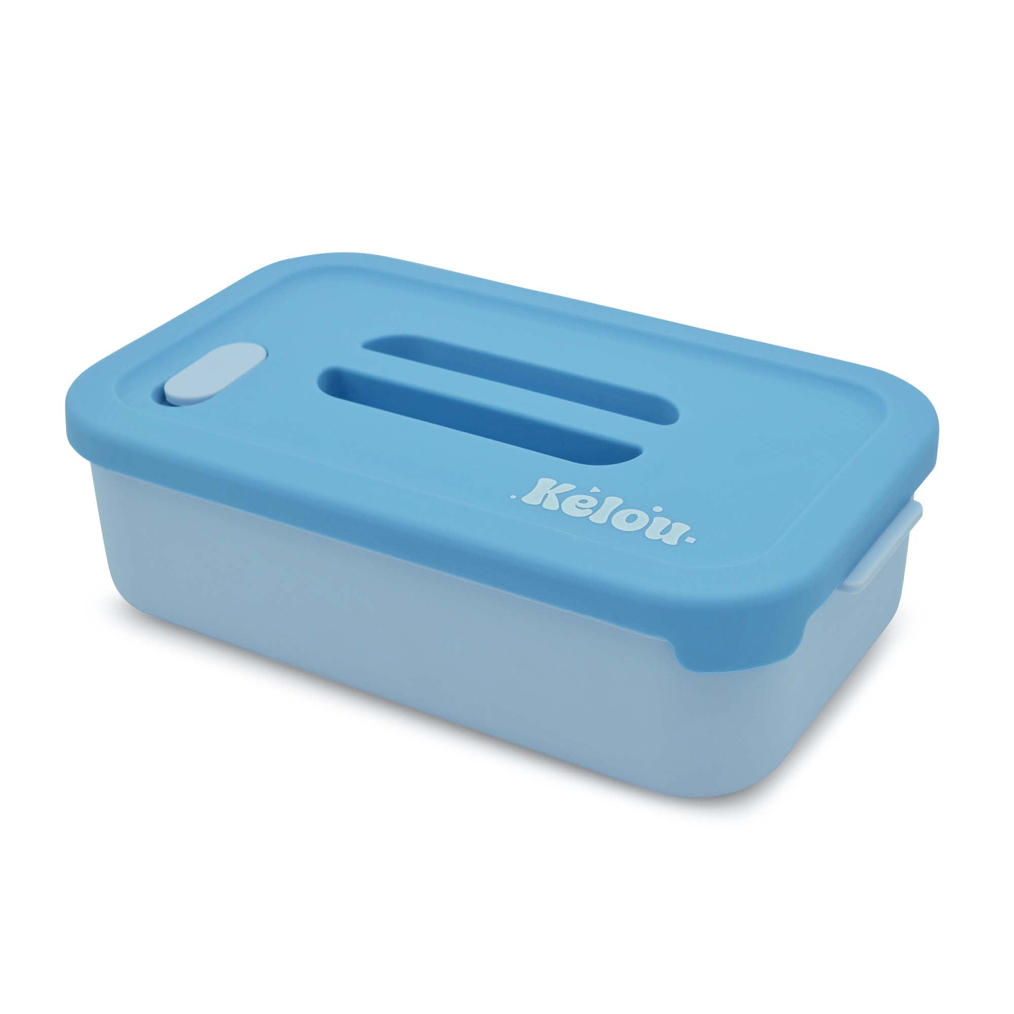 Blue rectangular container with a lid on a white background