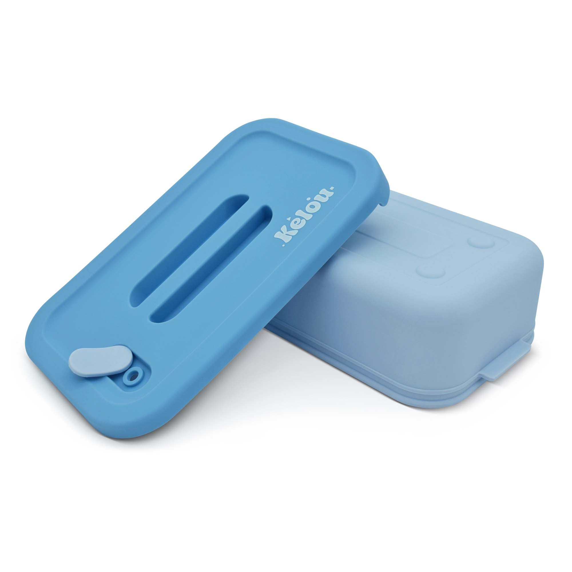 Blue silicone lid on a rectangular container with 'Kelou' branding on a white background