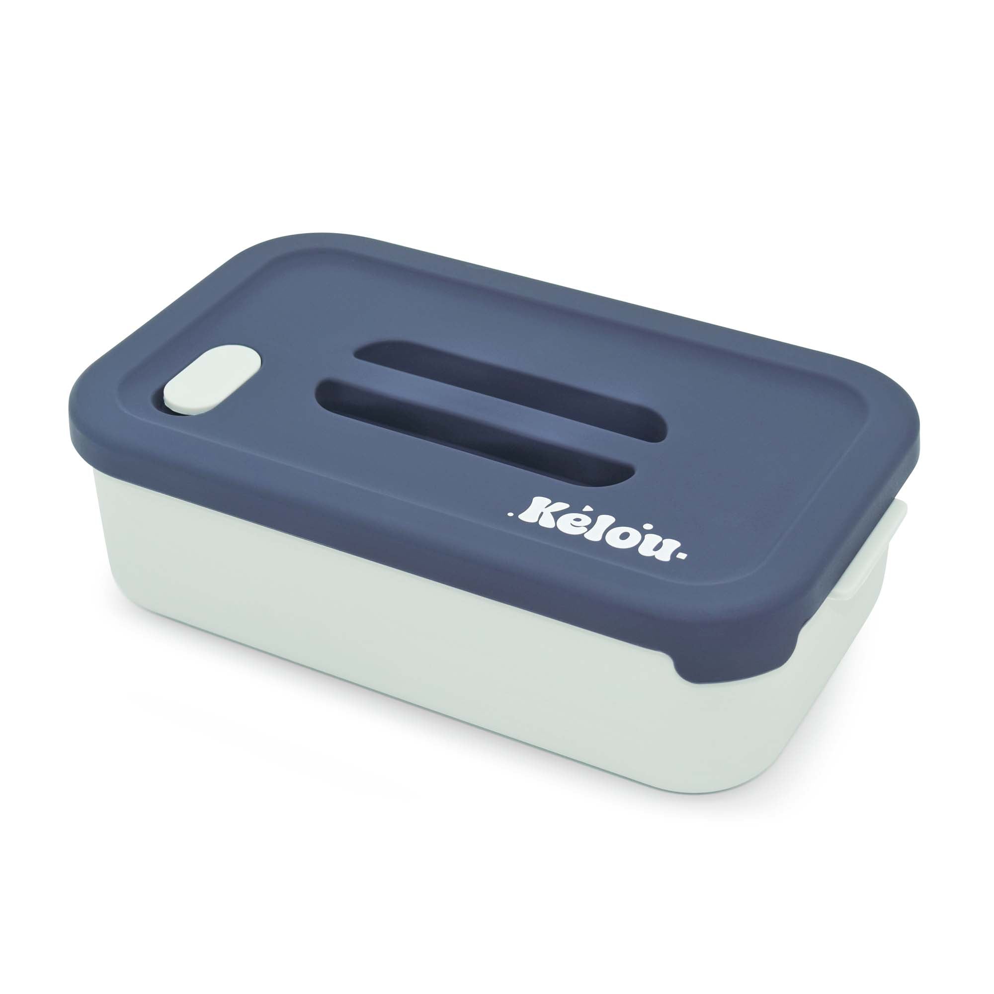 Blue and white container with 'Kelou' branding on a white background