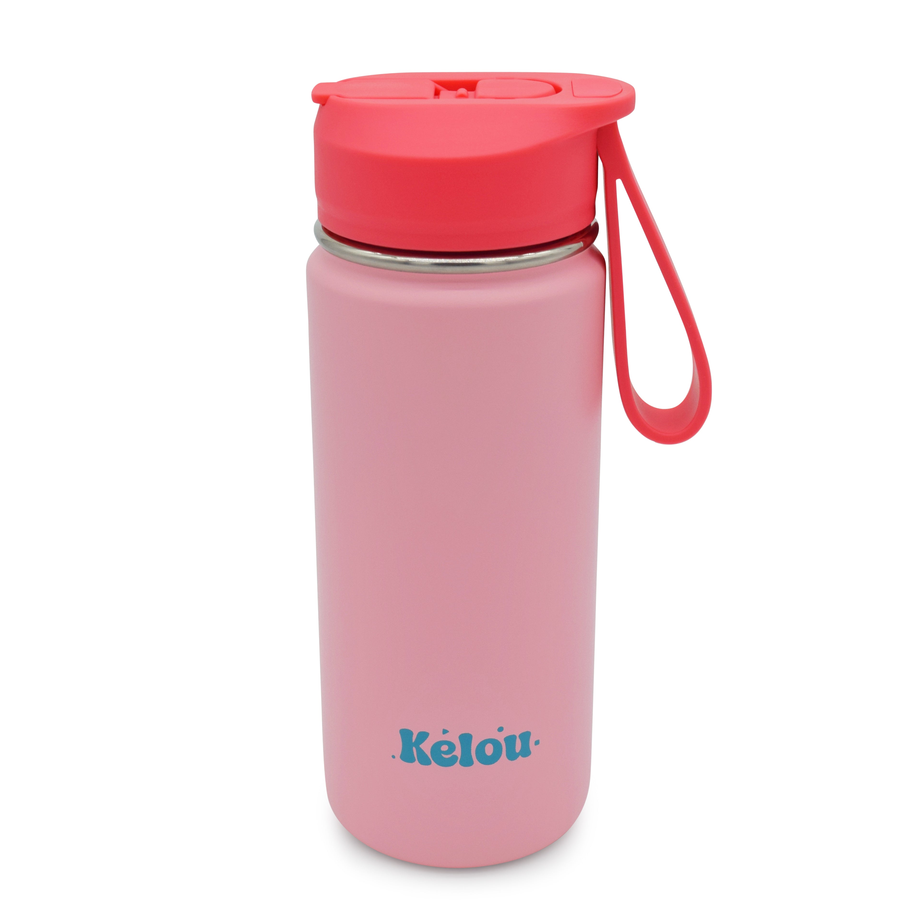 Pink water bottle with red lid and handle on a white background