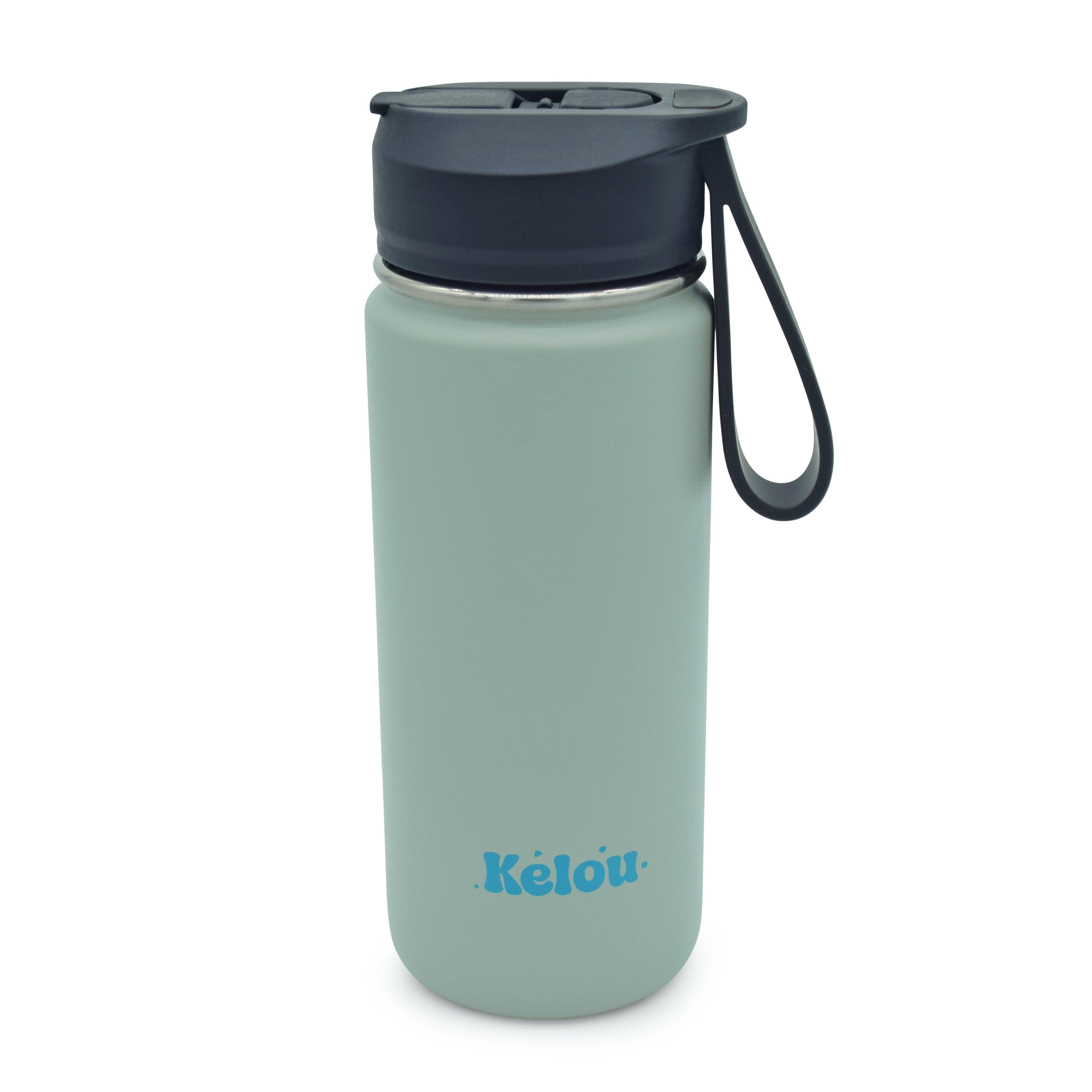 Mint green water bottle with dark blue cap and handle on a white background