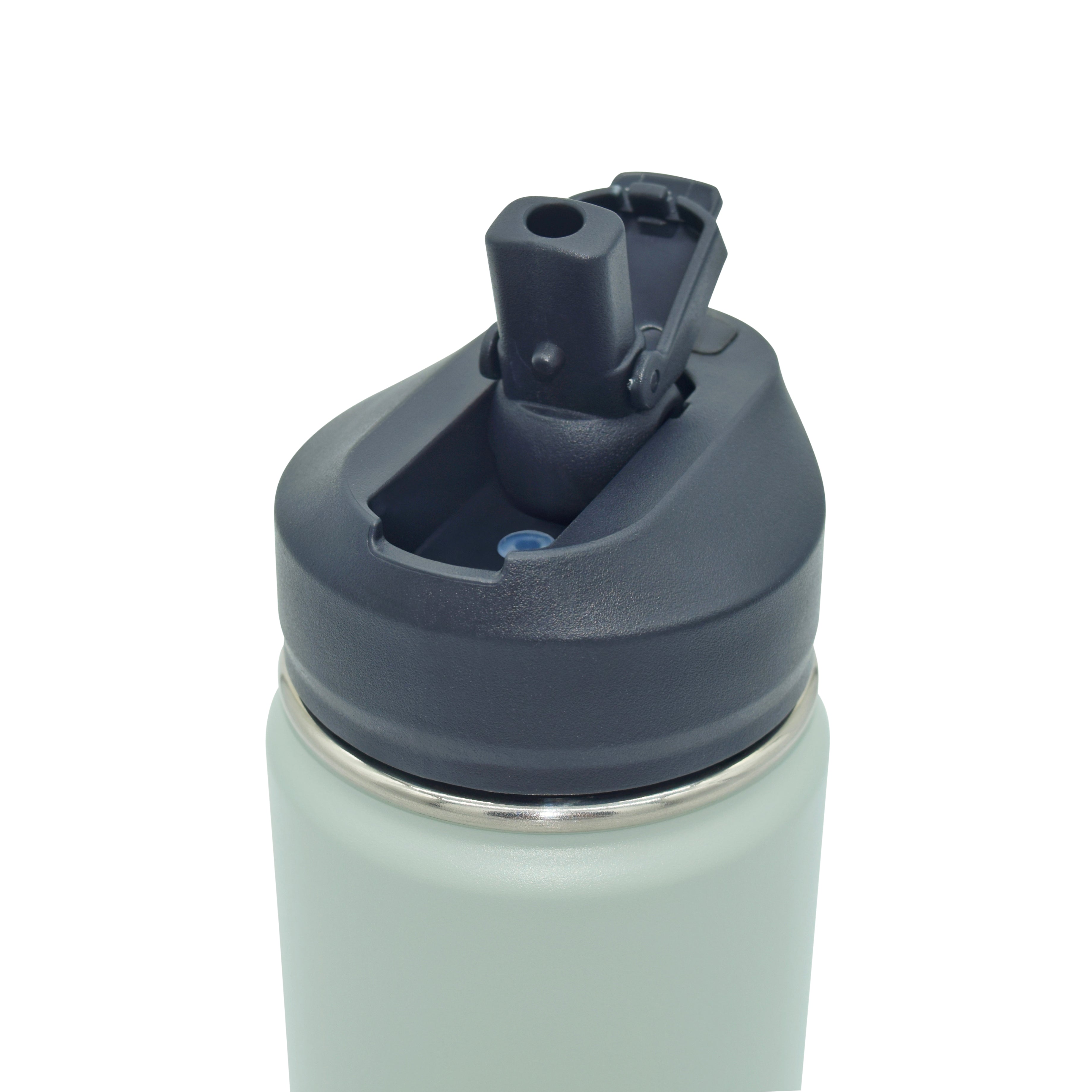 Close-up of a gray lid on a light blue water bottle with a white background