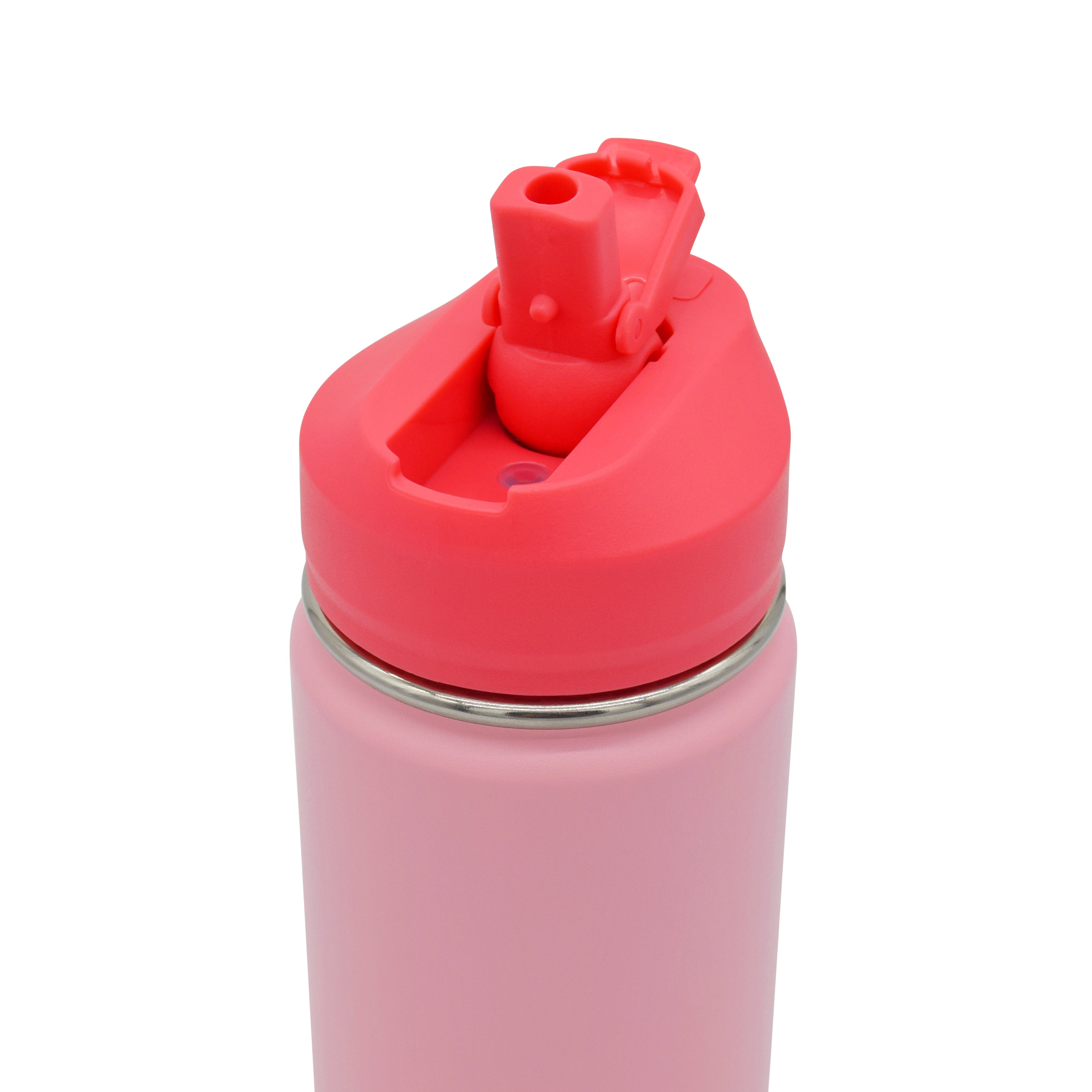 Pink water bottle with a red lid on a white background