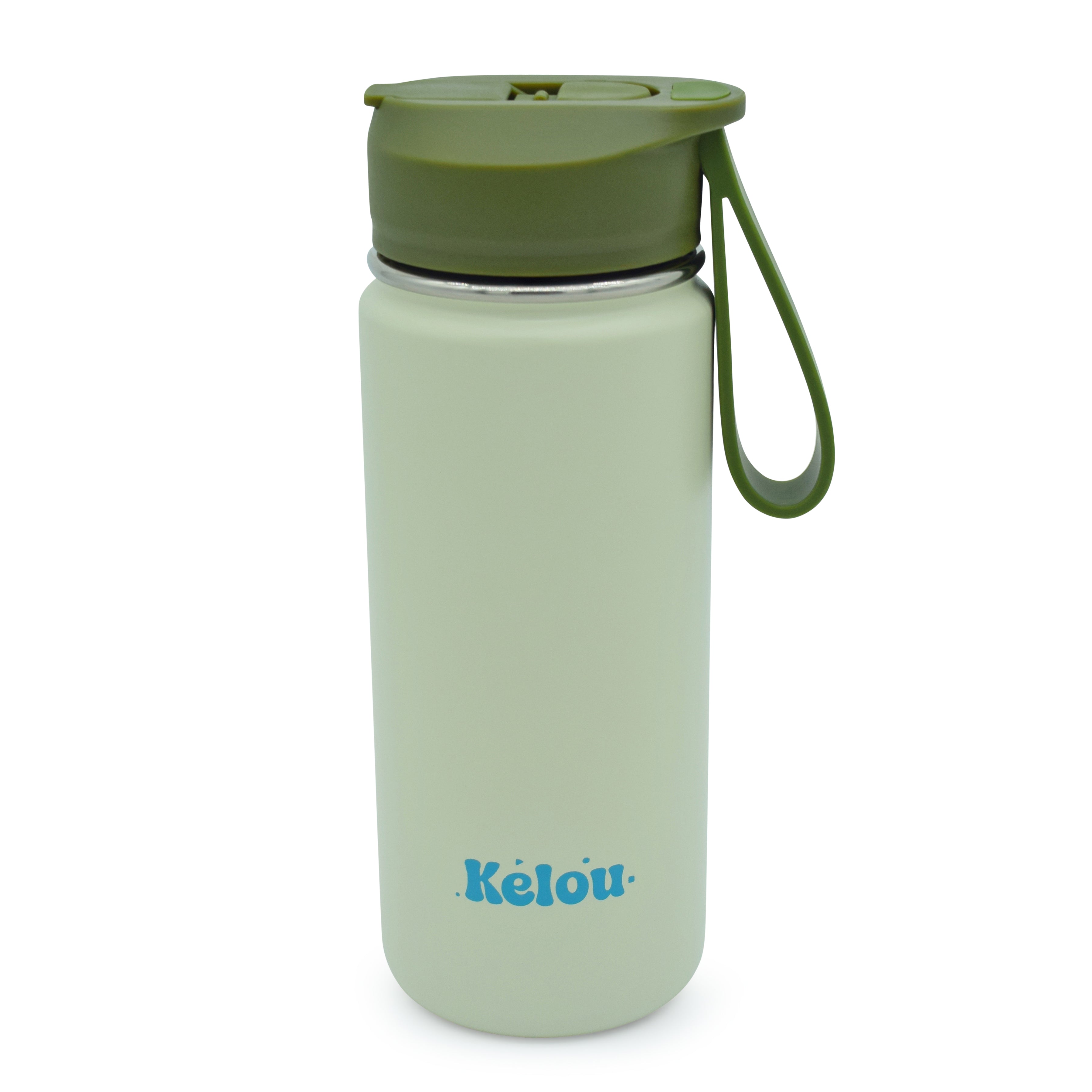 Green water bottle with a strap on a white background