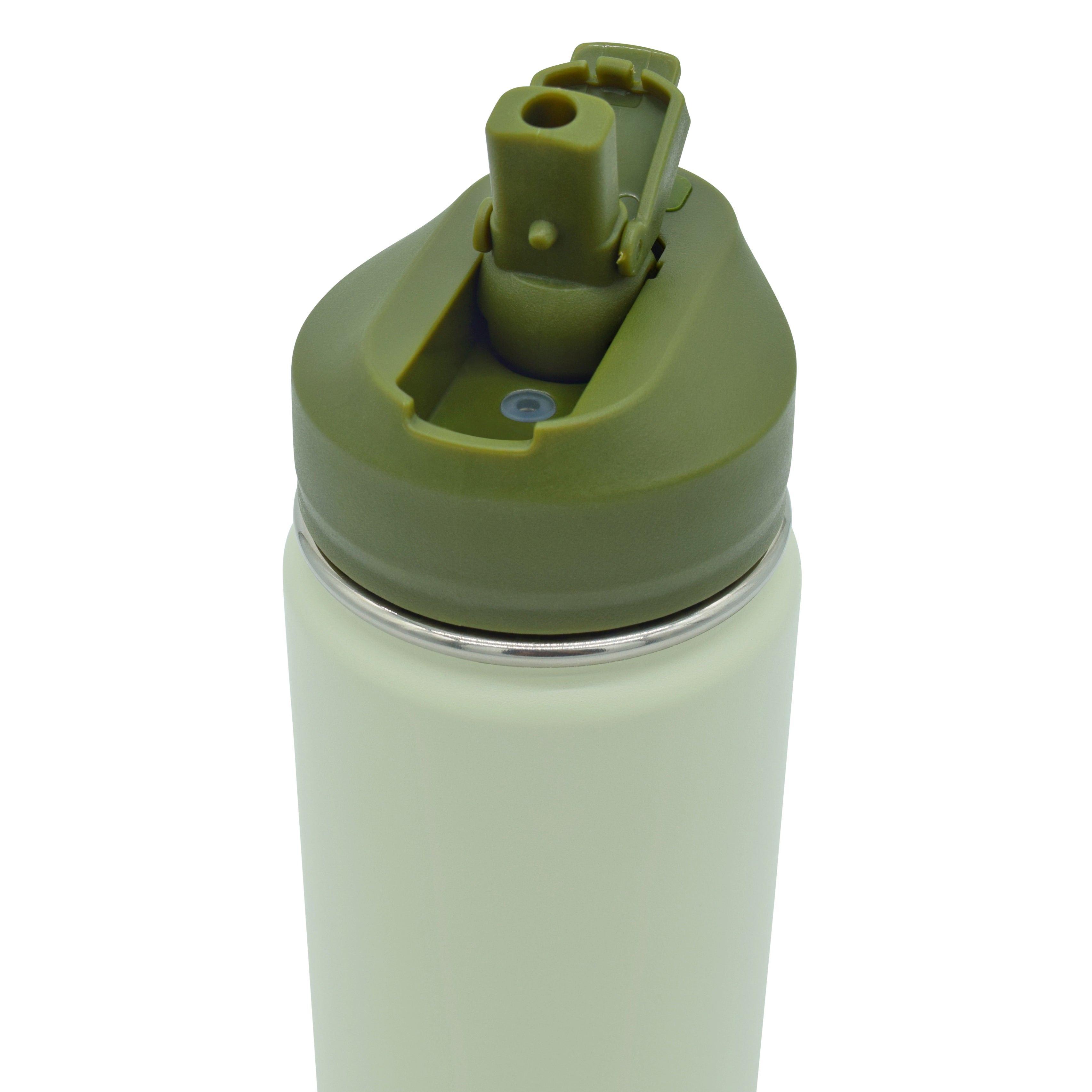 Green water bottle with a white base on a white background