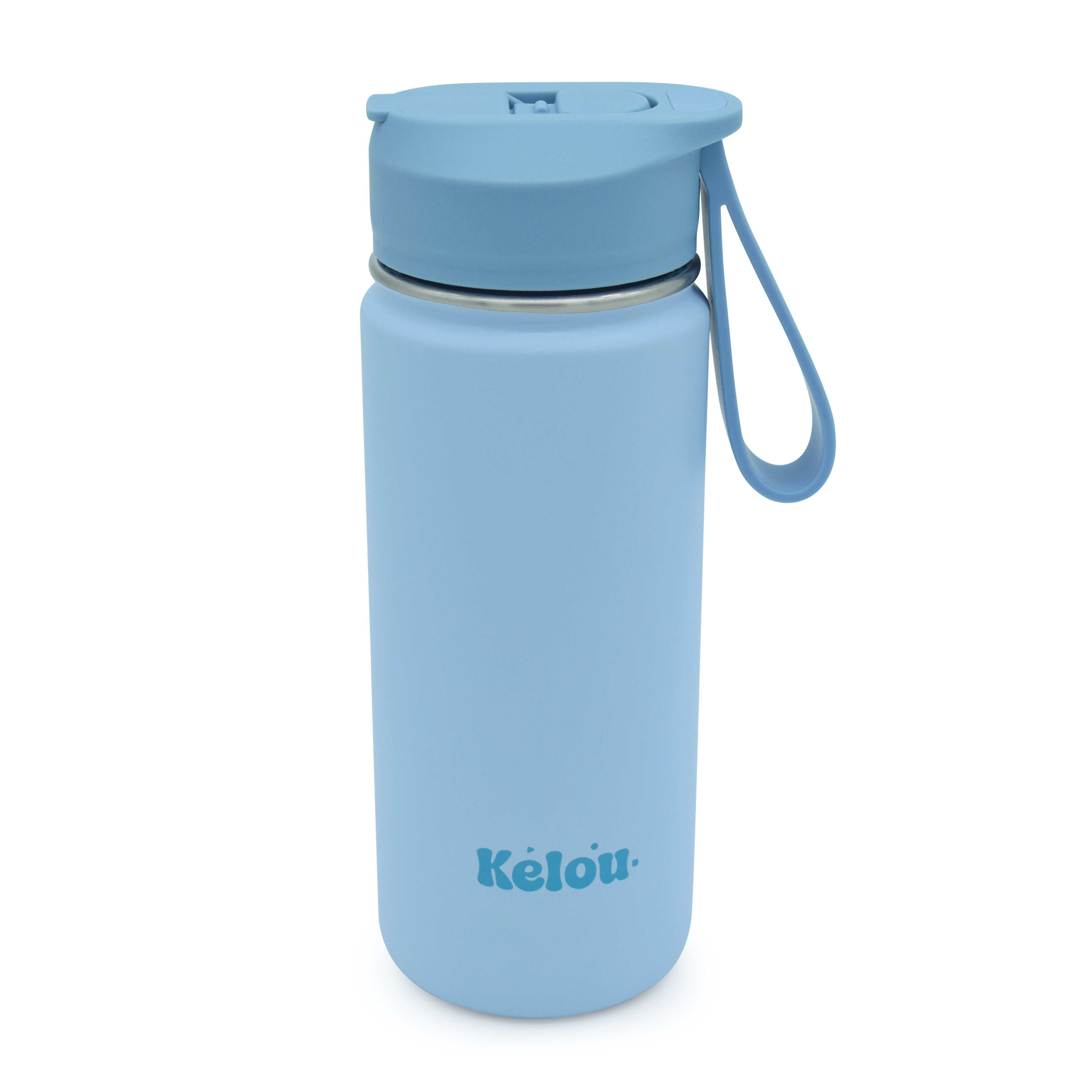Blue water bottle with a strap on a white background
