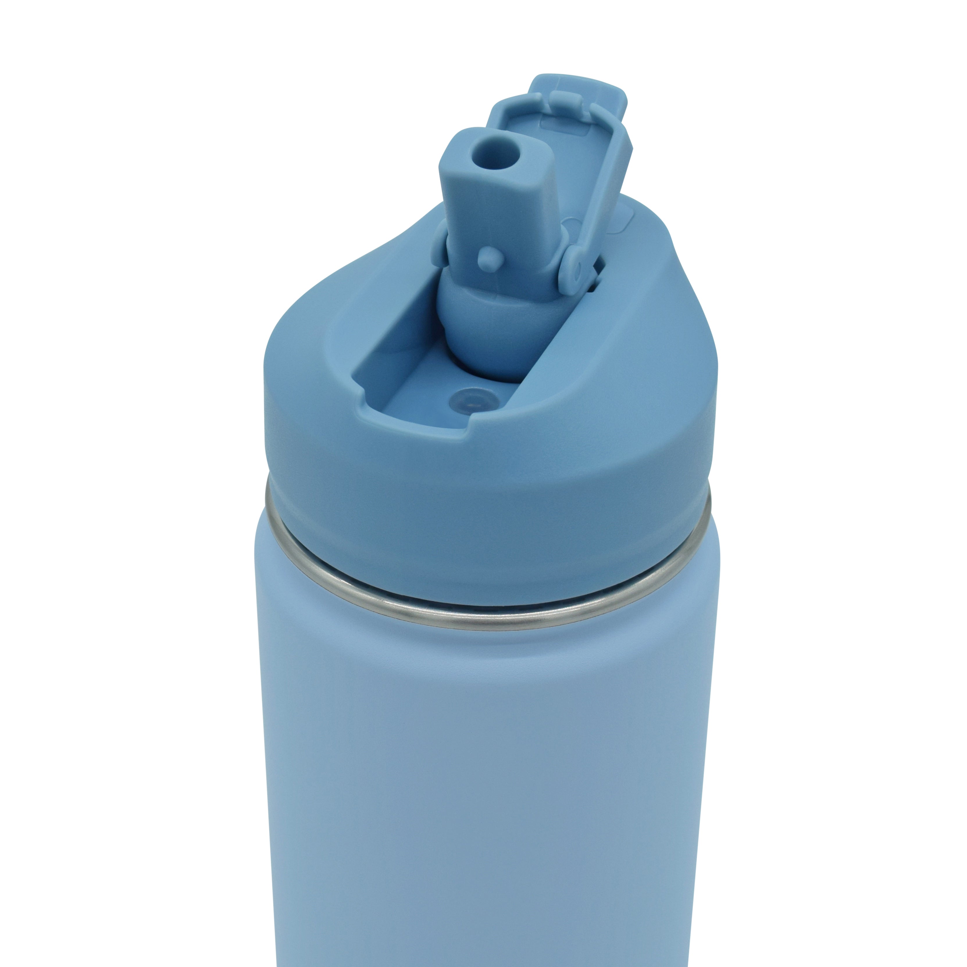 Light blue water bottle with a screw-on cap on a white background