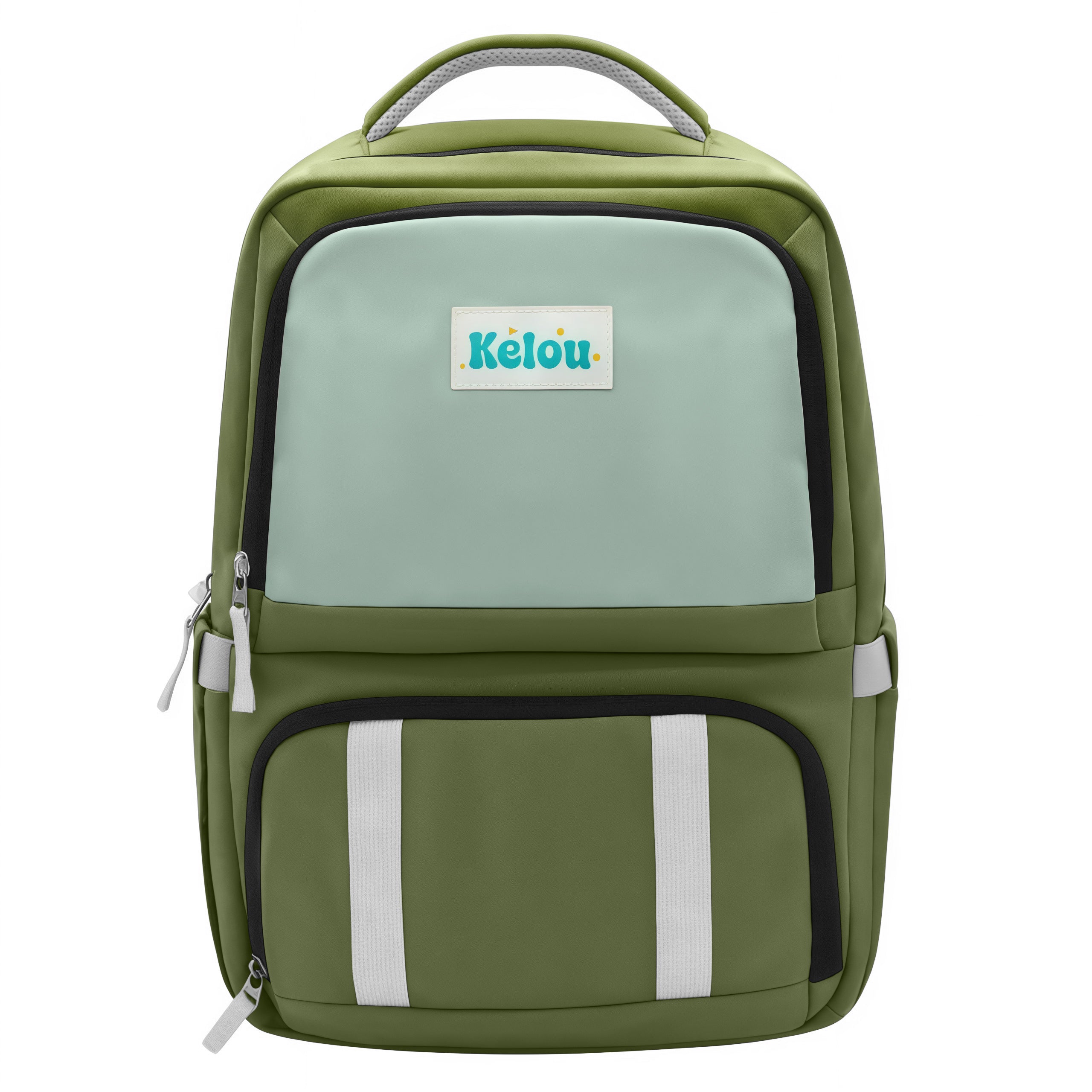 Green and light green backpack with Kelou logo on a white background