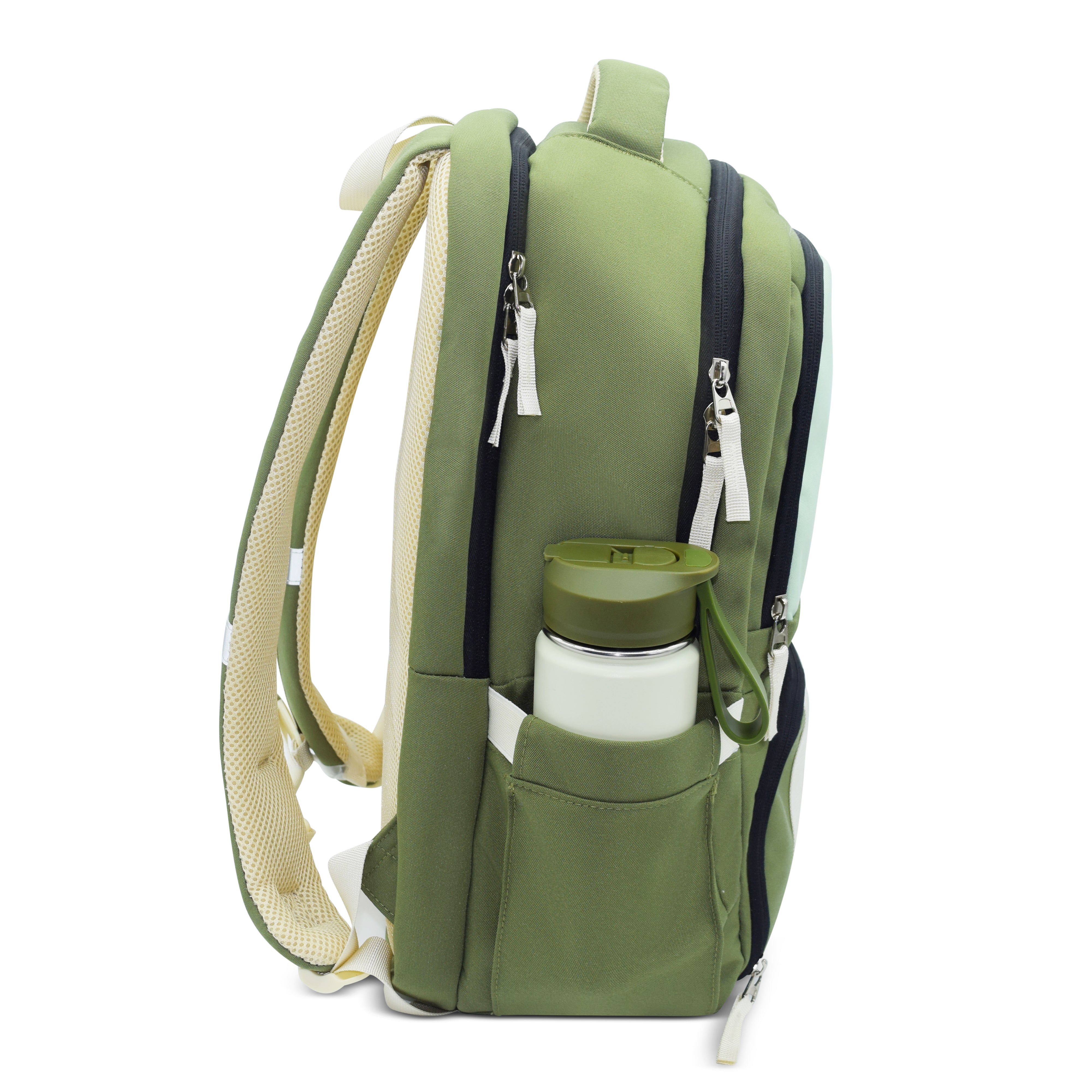 Green backpack with a water bottle in a pocket on a white background