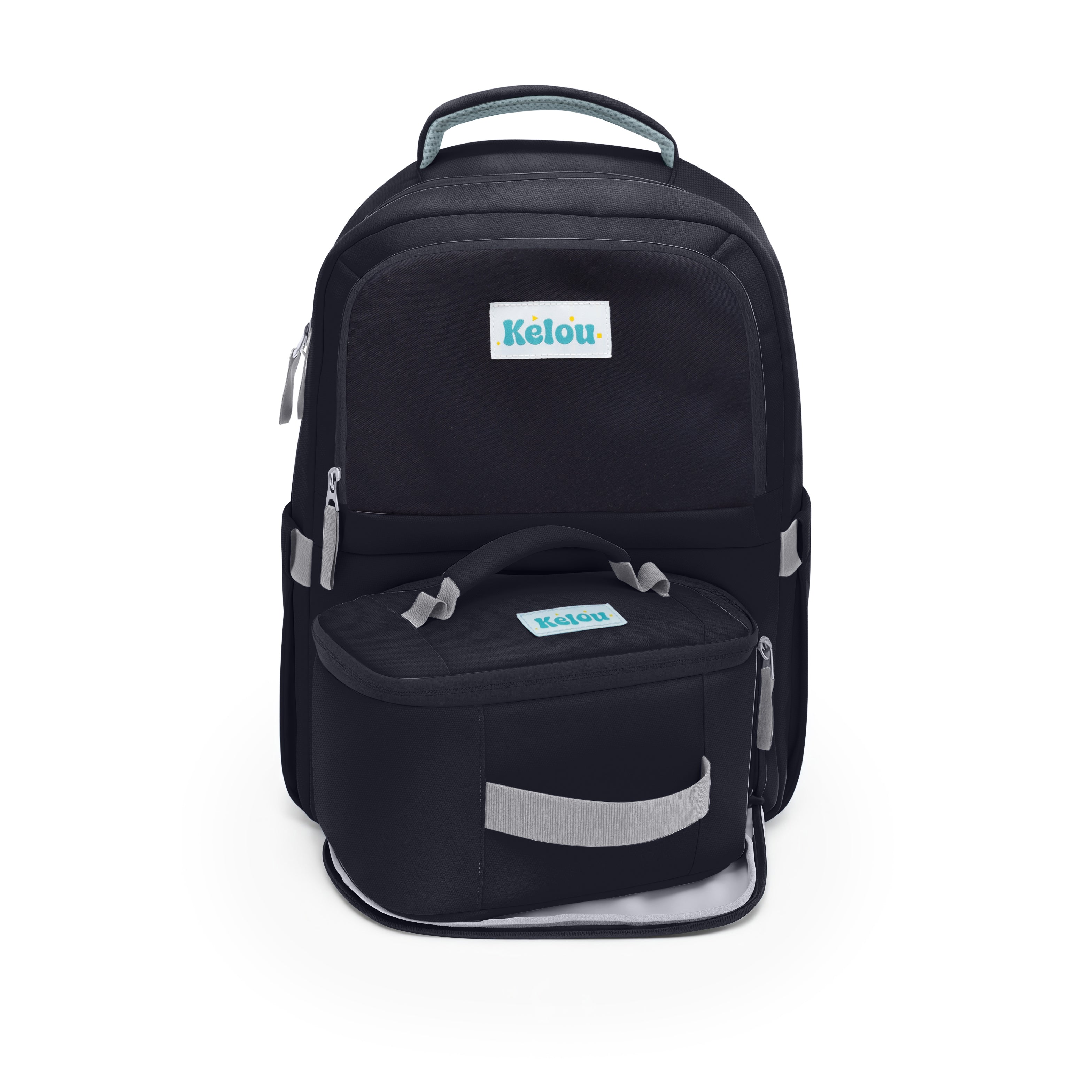 Black backpack with a smaller black pouch on a white background, featuring the brand 'Kelou'.